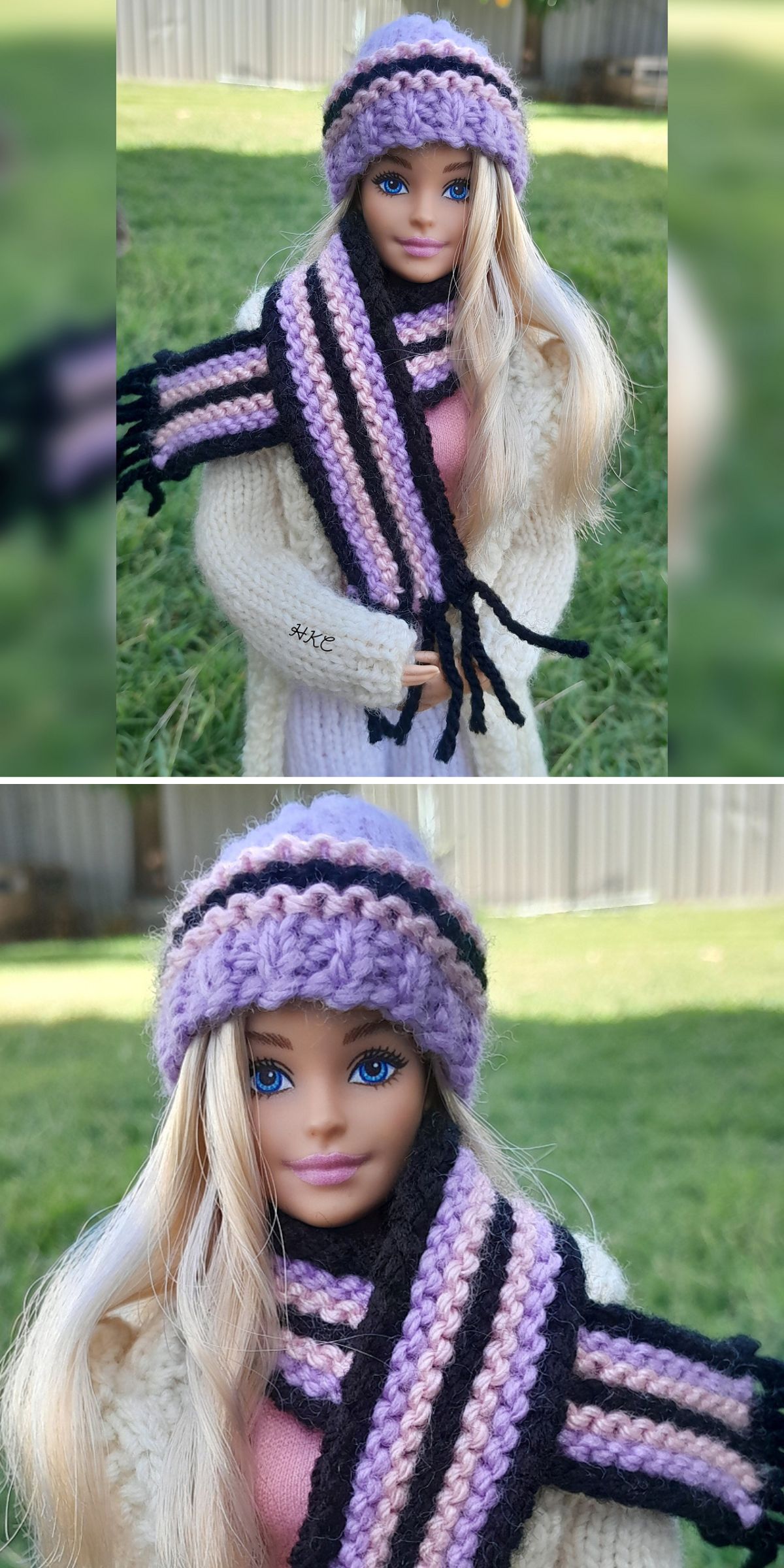 a Barbie doll wearing a tiny knit scarf and beanie in purple and black