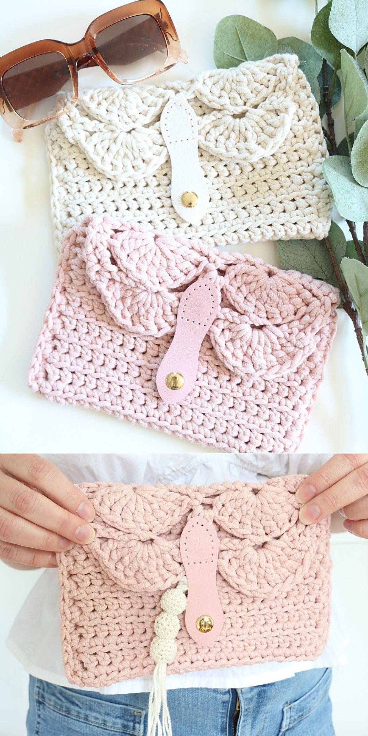 chunky crochet clutches with shell stitched flaps in pastel colors