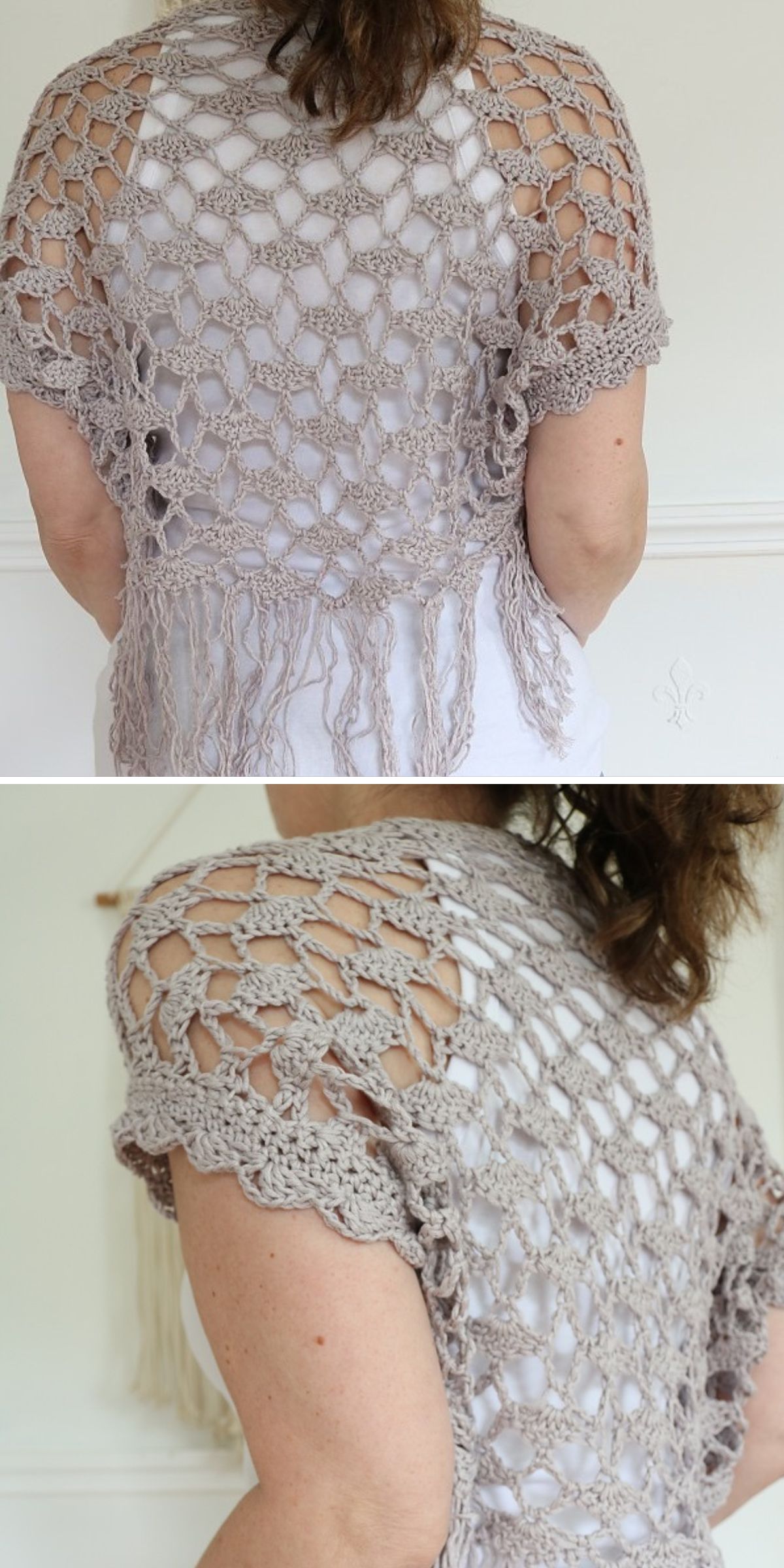  an open-stitched crochet shrug with a tassel fringe at the bottom