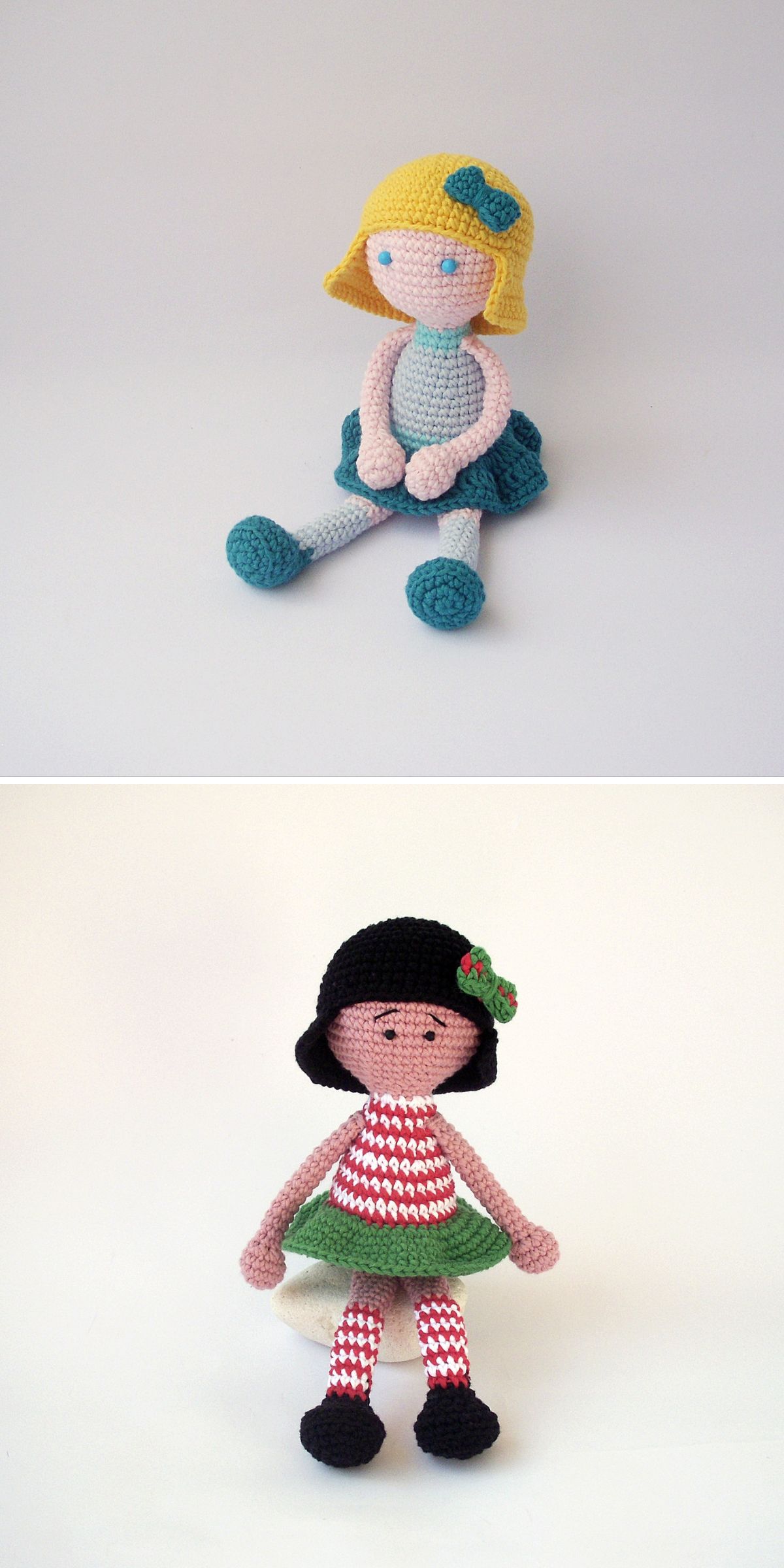 two crochet dolls wearing cute mini skirts and tiny bows