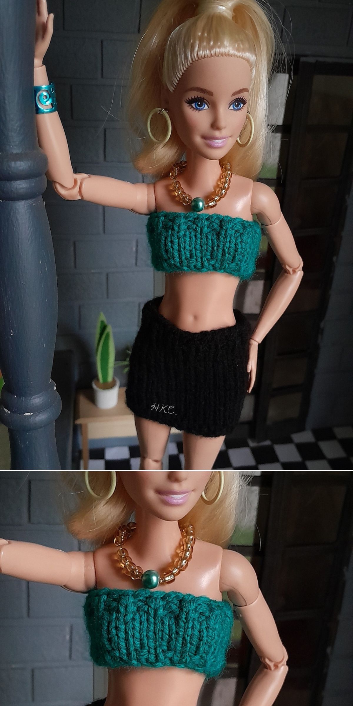 a chic knitted bandeau top and mini skirt set for Barbie dolls