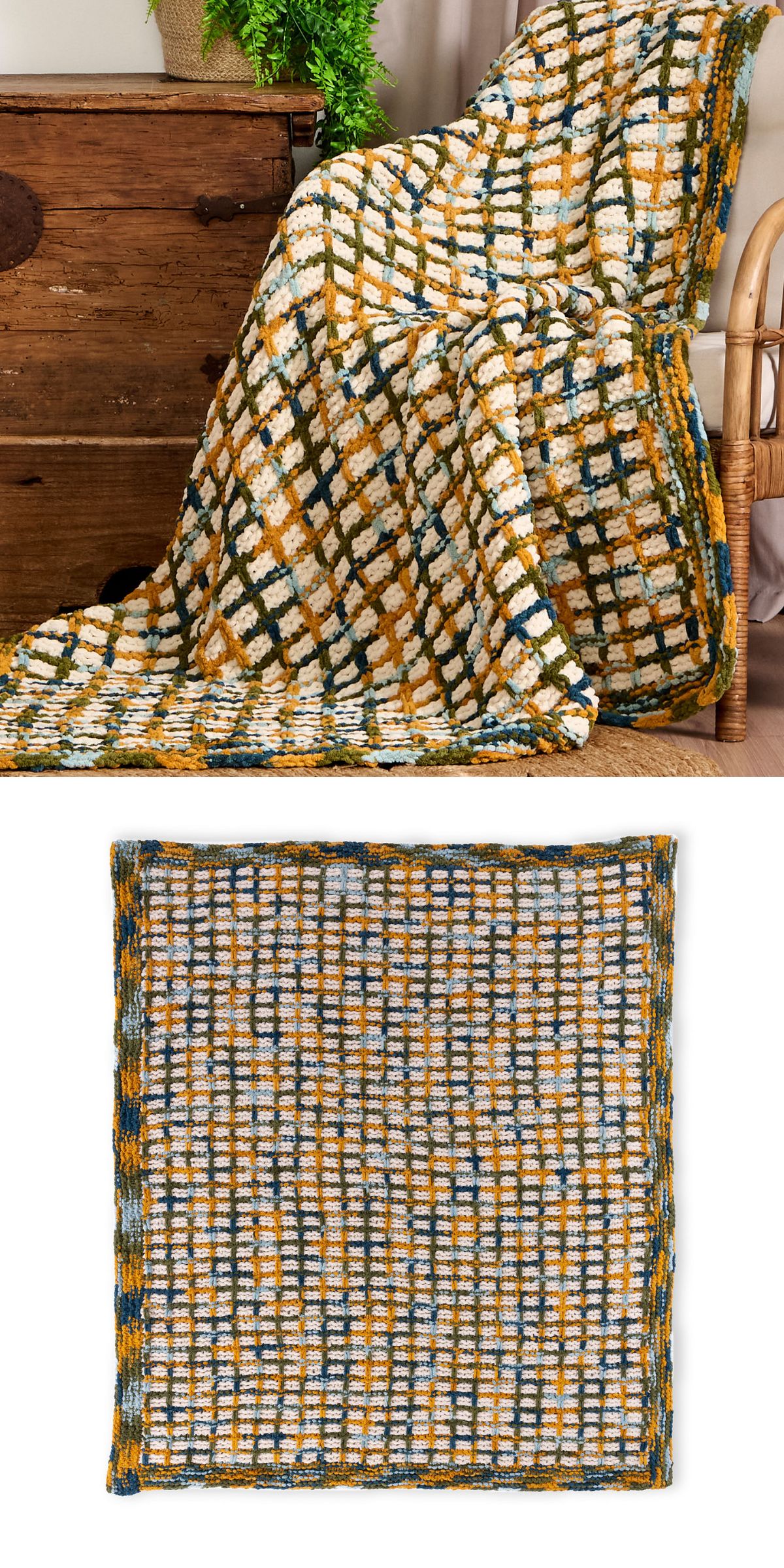 a knitted blanket with an eye-catching chequered design
