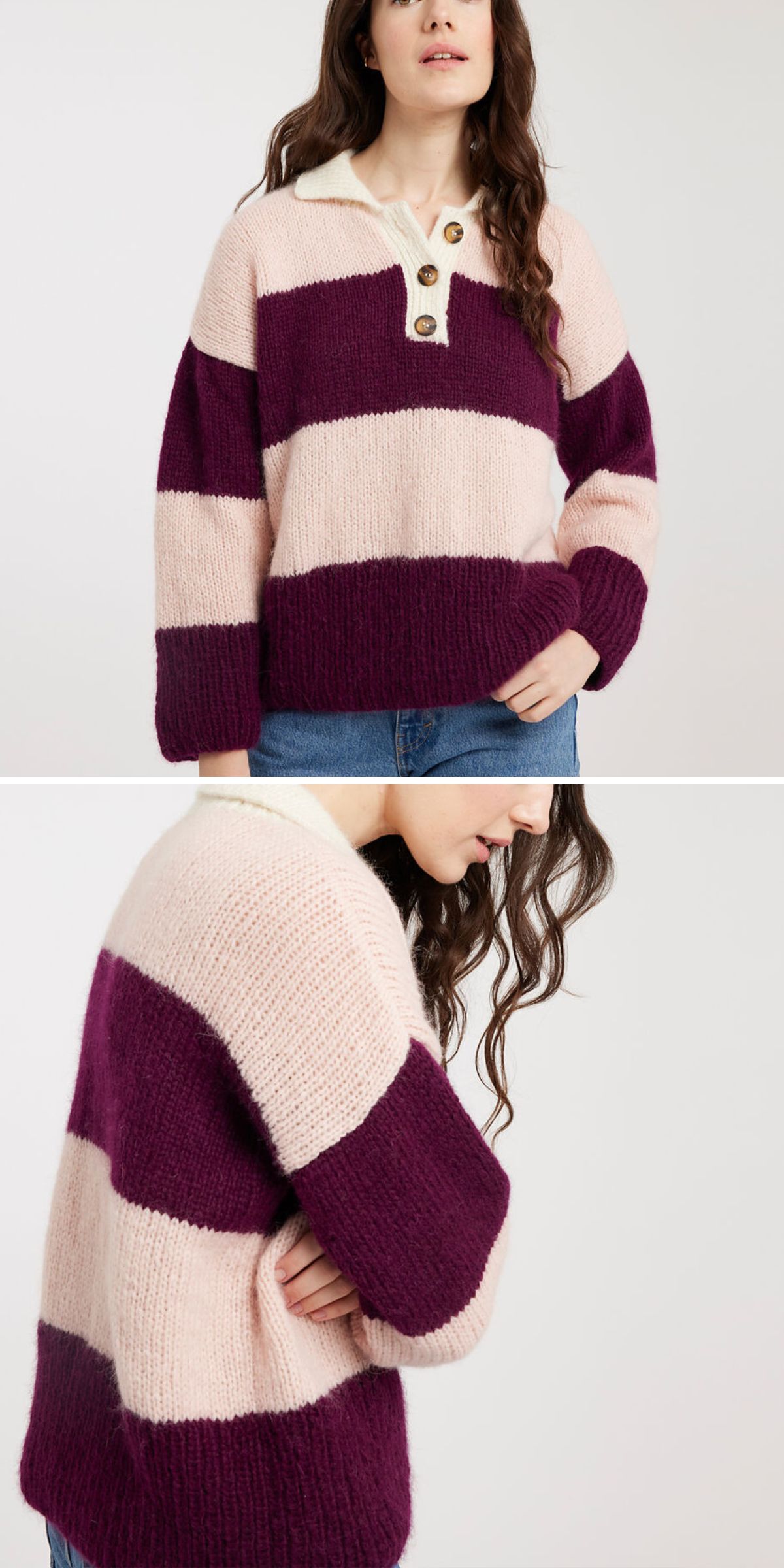 a knitted sweater with a buttoned collar featuring wide stripes in pink and purple