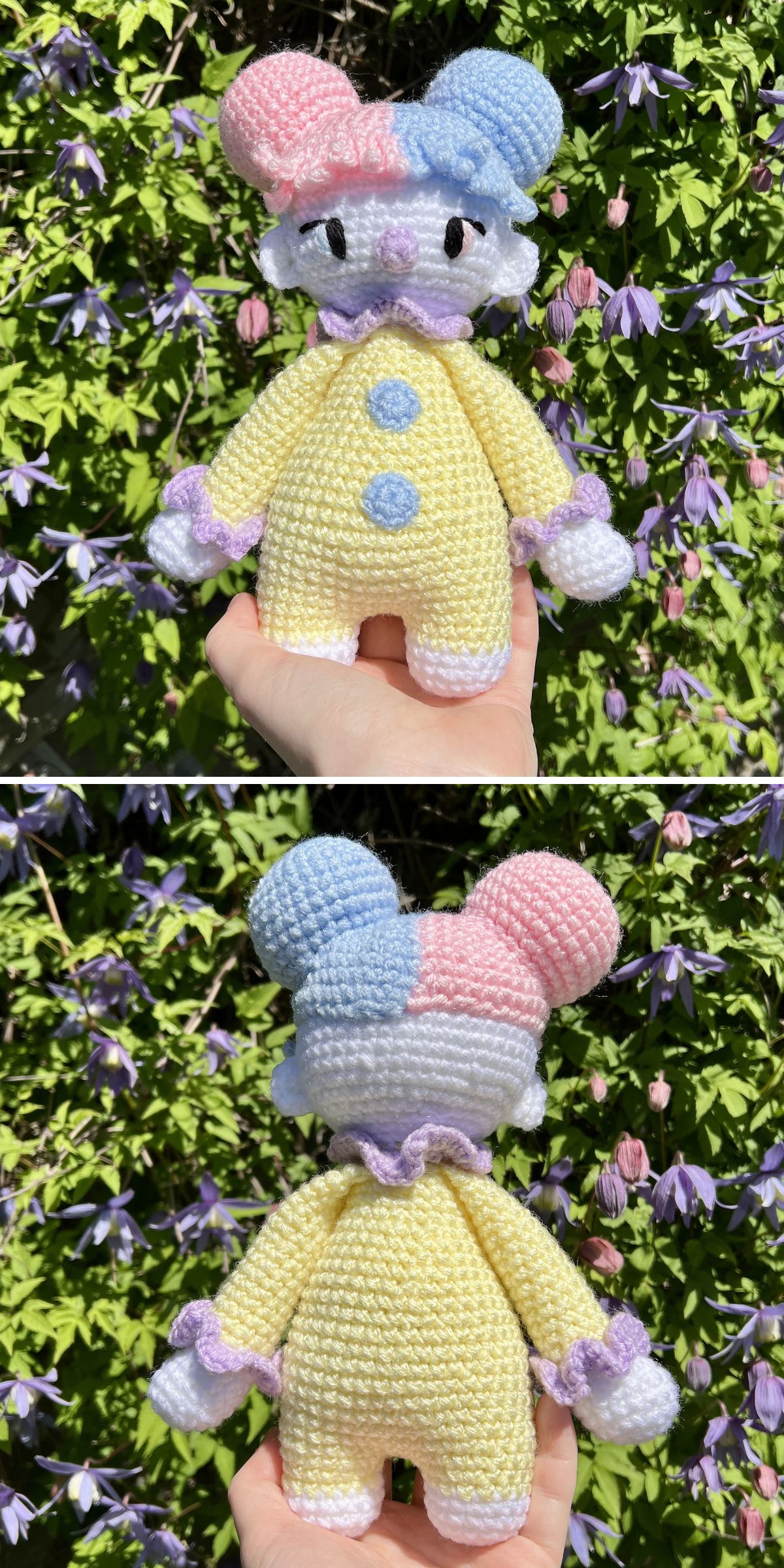 a colorful crochet clown doll