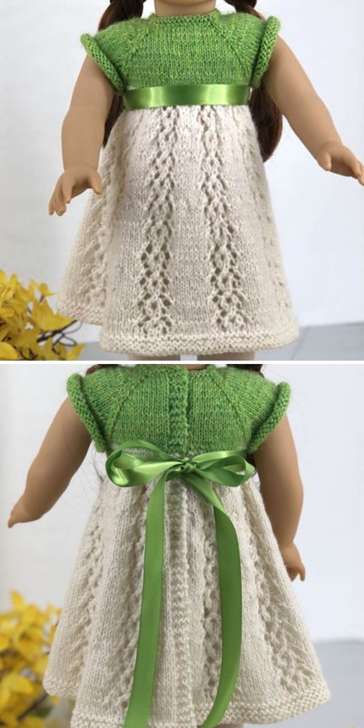a big doll wearing an elegant knitted dress with a green top and a cream textured hem