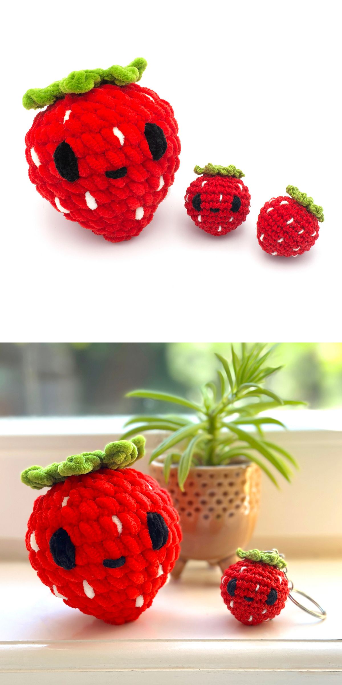 Three crochet strawberries of different sizes are displayed; in the second image, two crochet strawberries sit beside a potted plant on a windowsill.