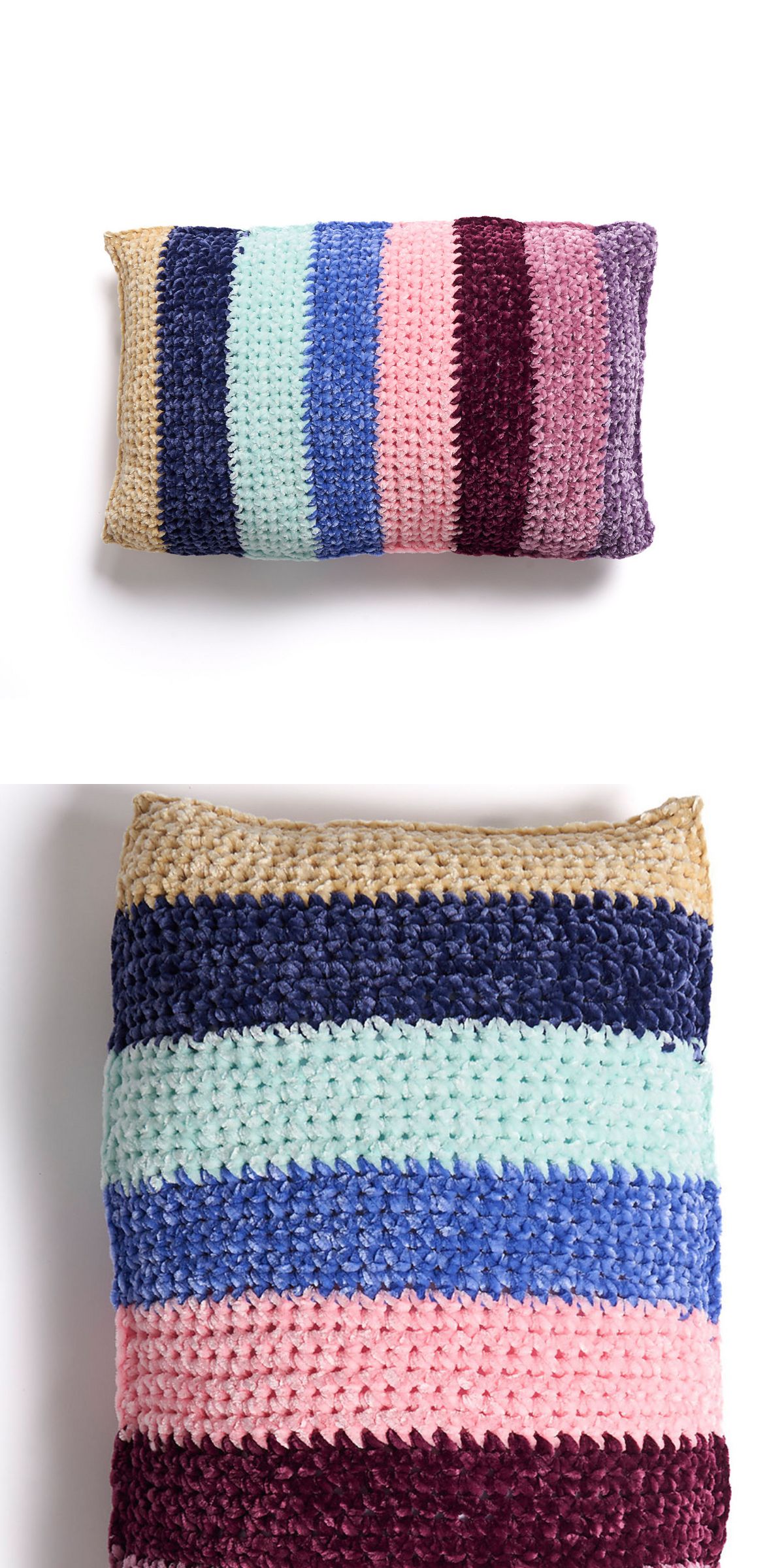 a colorful crochet pillow with a striped design