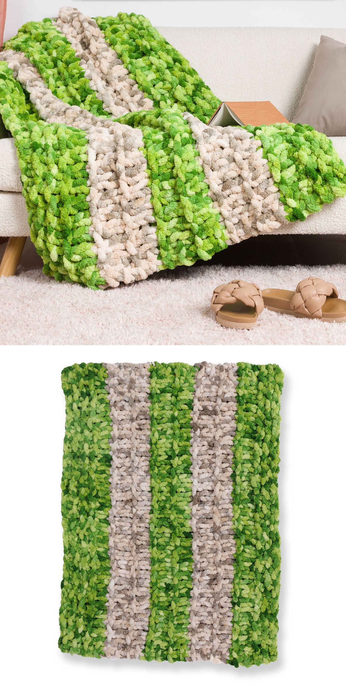 a chunky knitted blankwt featuring wide two-colored stripes in beige and green