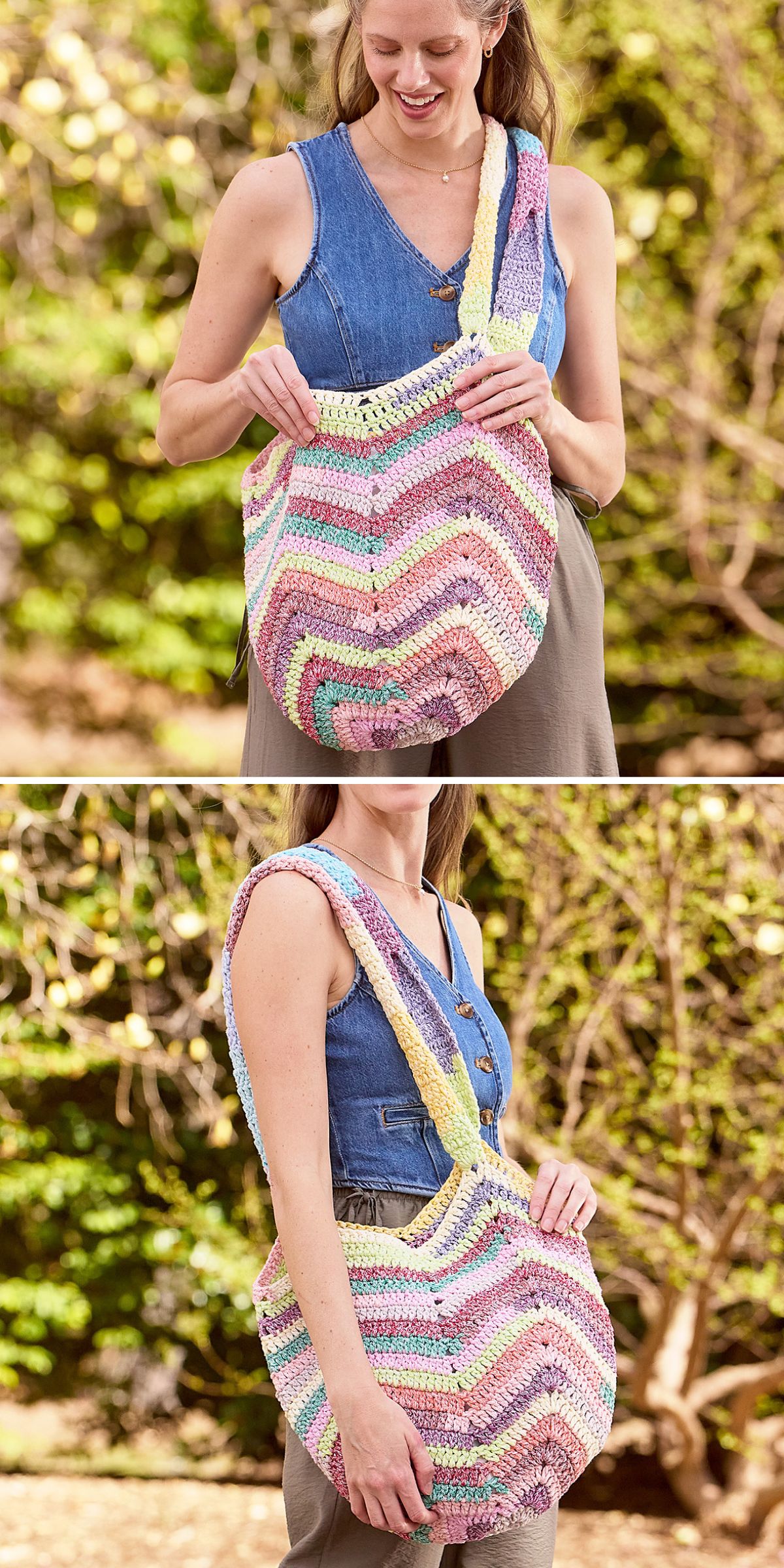 a woman wearing a crochet shoulder bag with a colorful chevron-like design