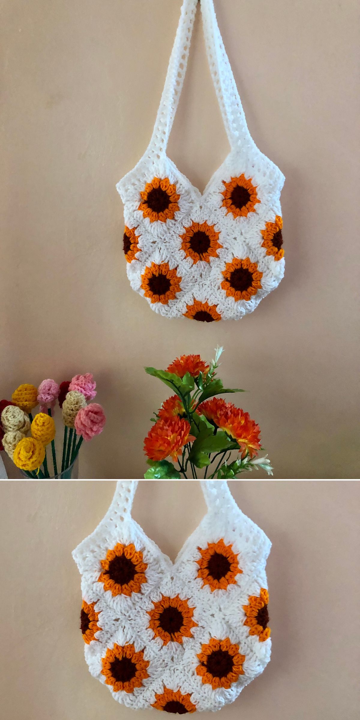 a white crochet bag made of crochet granny squares with sunflower centers