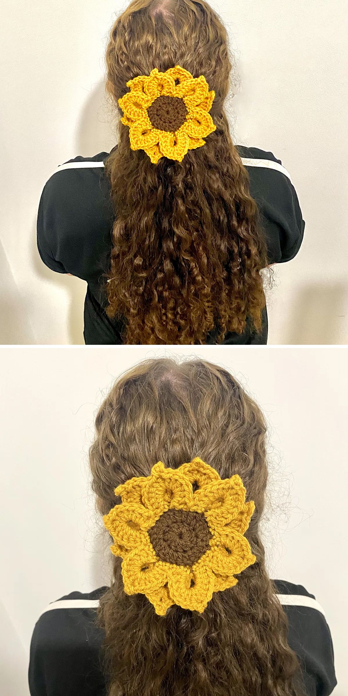 a woman wearing a large crochet sunflower hair accessory