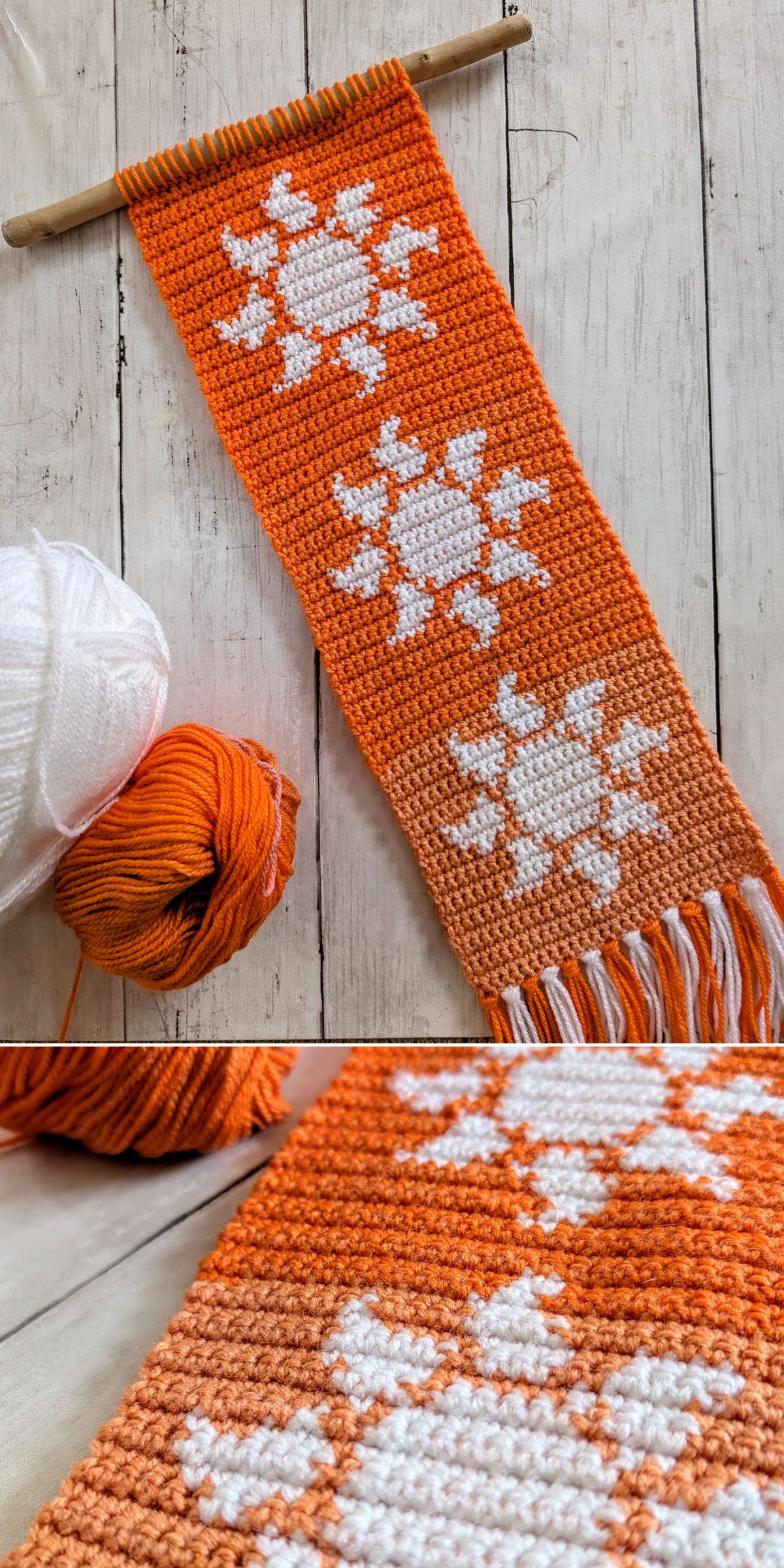 an orange-colored crochet wall hanging with white sun motifs