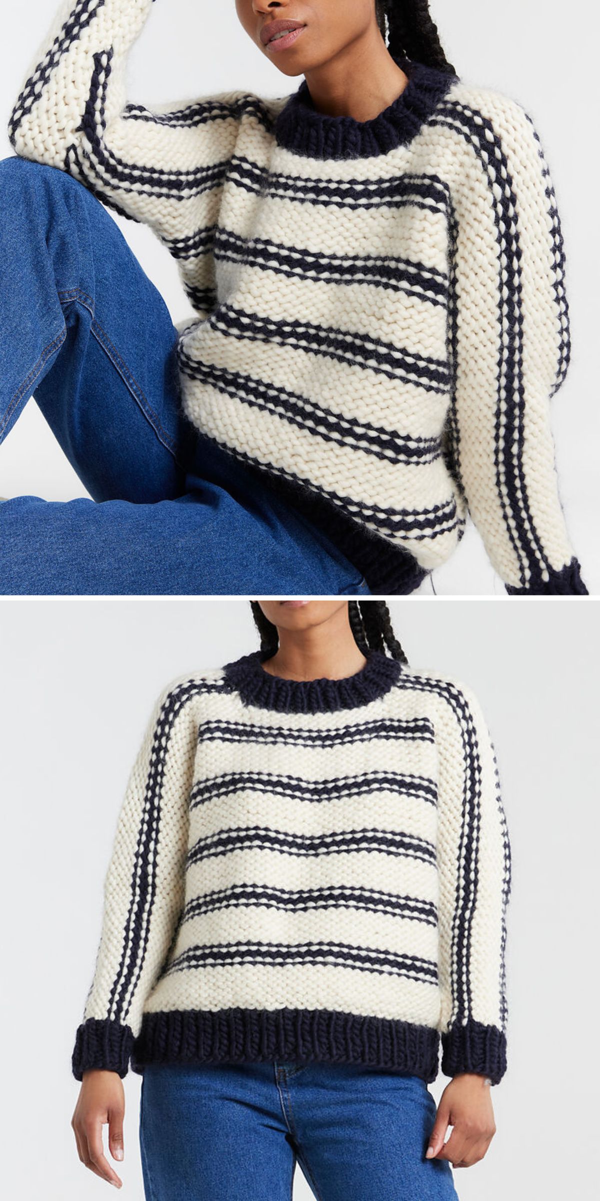 a chunky knitted sweater with black and white striped design