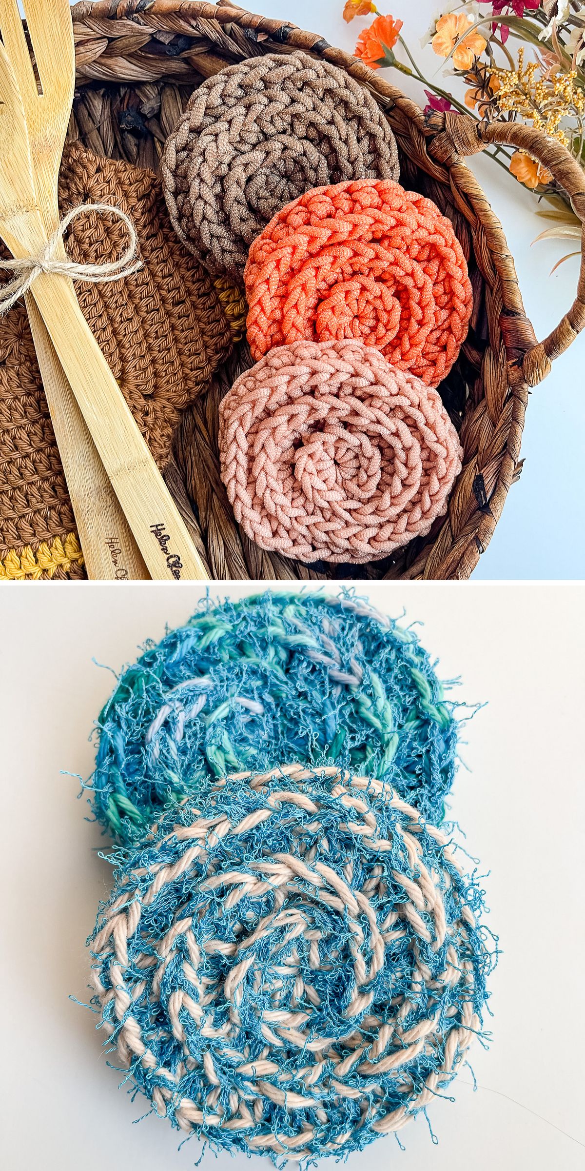 a set of crochet dish scrubbies featuring a swirl ribbed texture