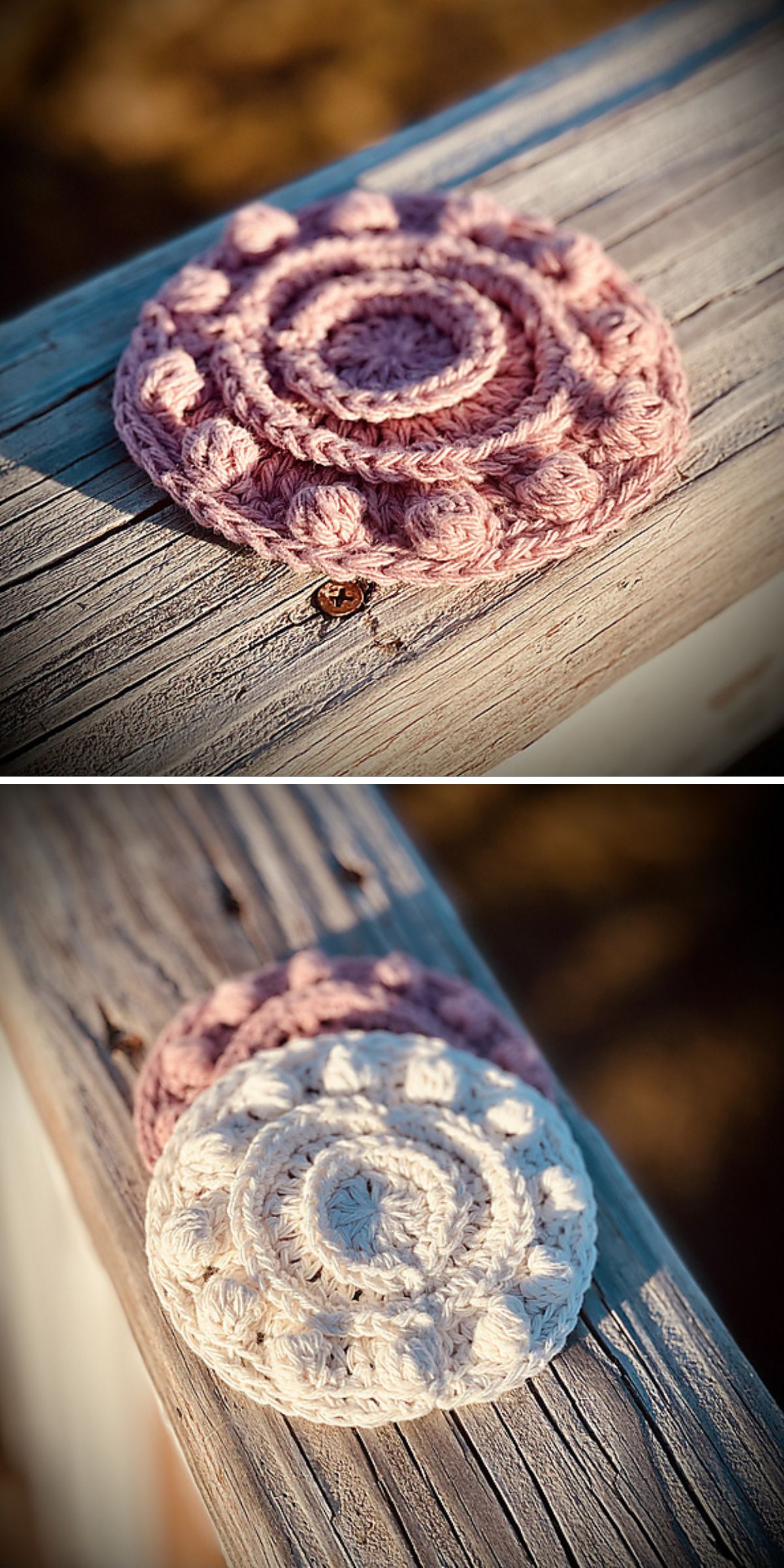 a flower-shaped crochet coaster with bobble stitches