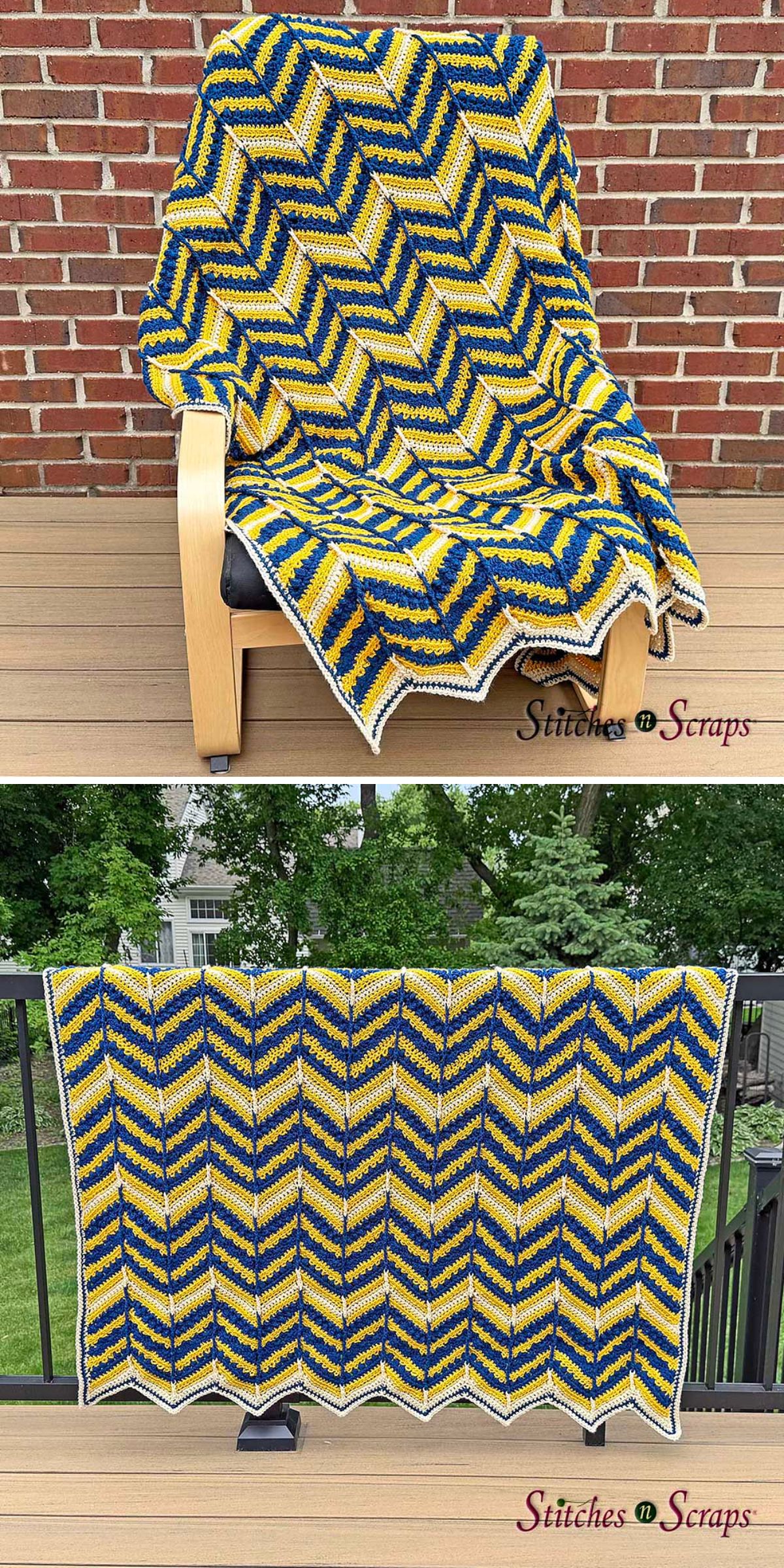 a crochet throw with a vibrant chevron design in yellow