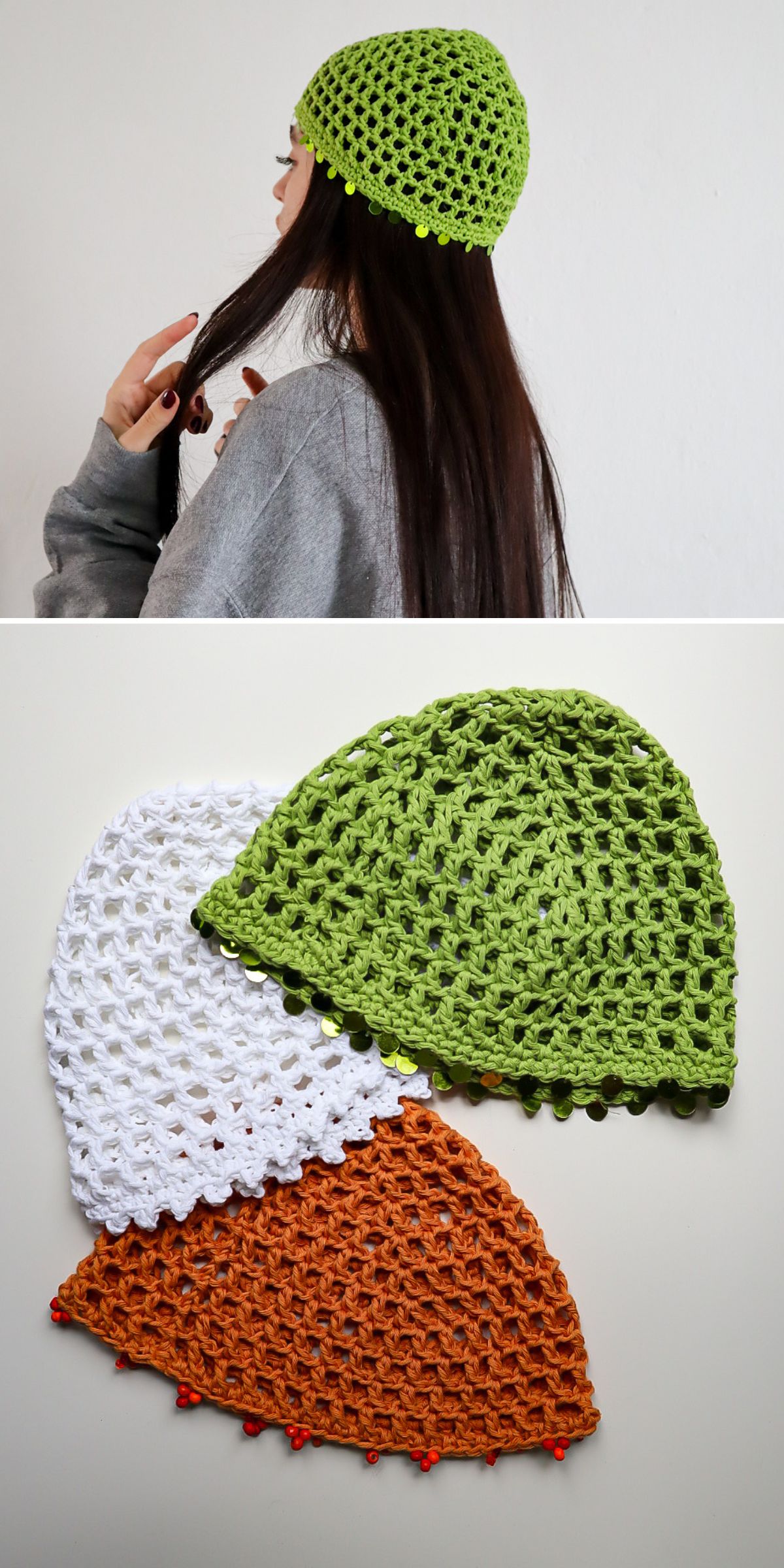 A person wears a green crochet sun hat in the top image; the bottom image displays three crochet sun hats in green, white, and orange laid flat on a white surface.
