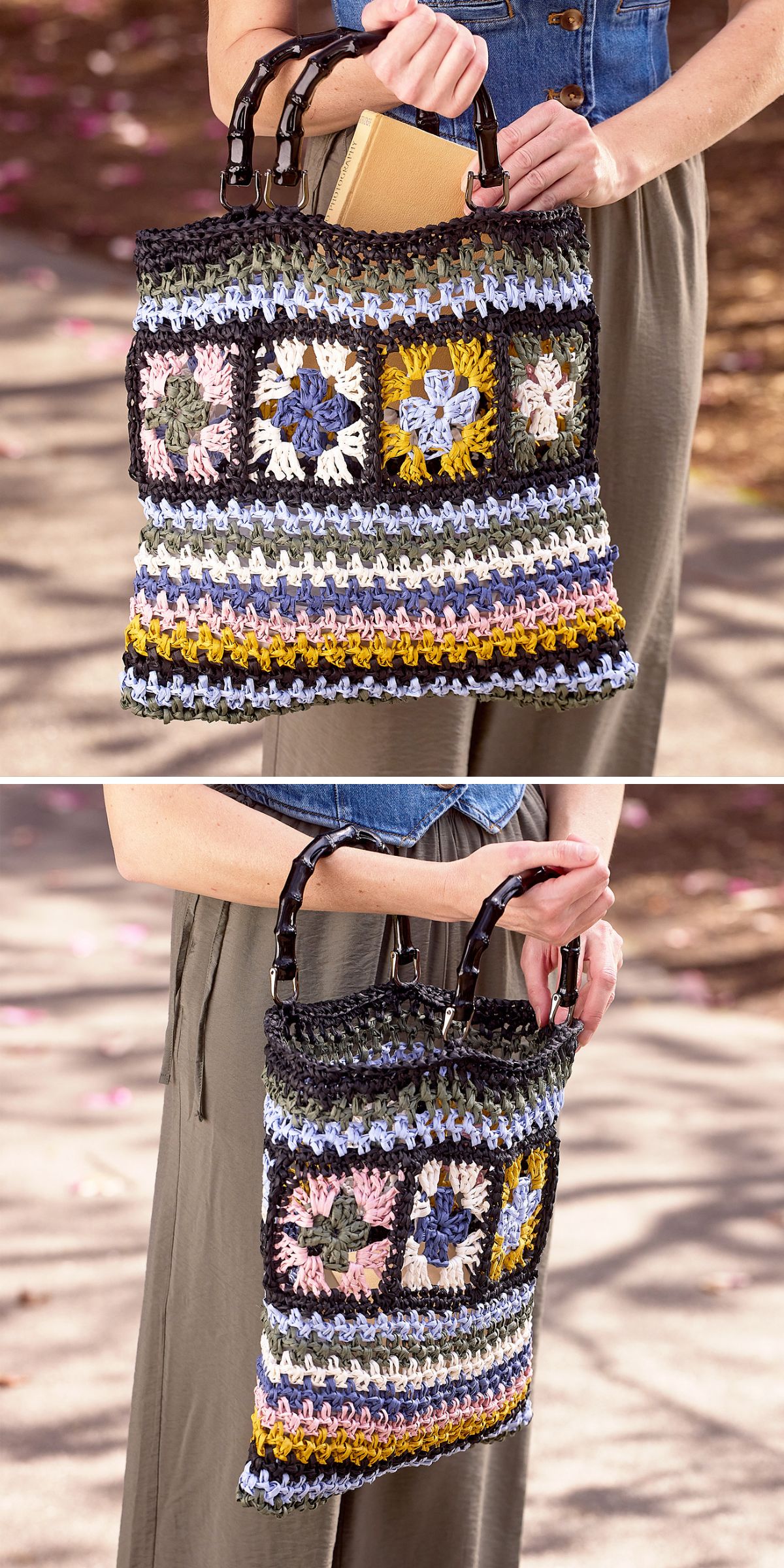 a multicolored raffia crochet bag 