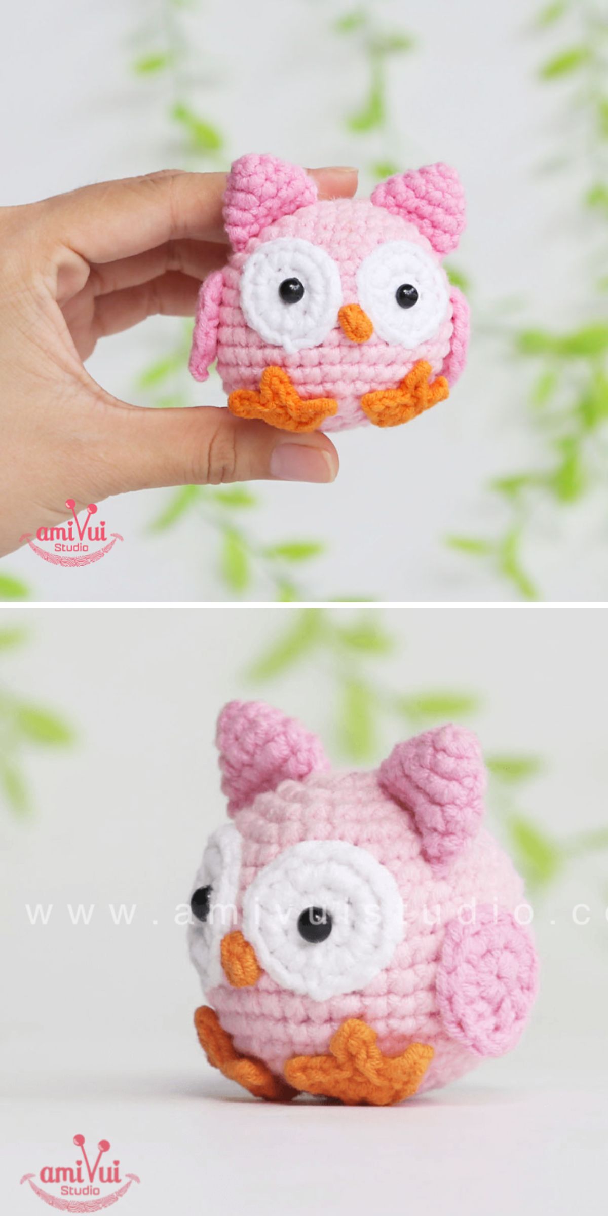 a small round crochet owl amigurumi in pink