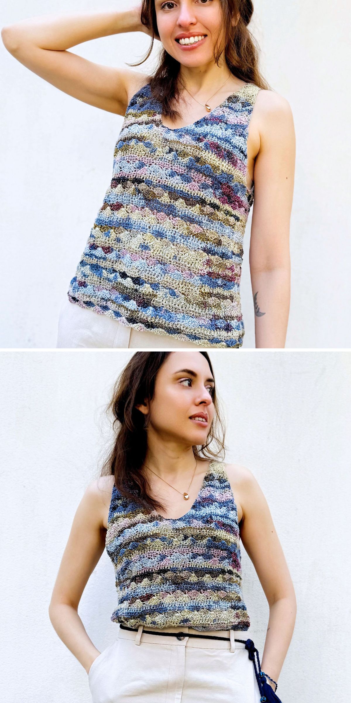 a woman wearing a multicolored crochet summer top