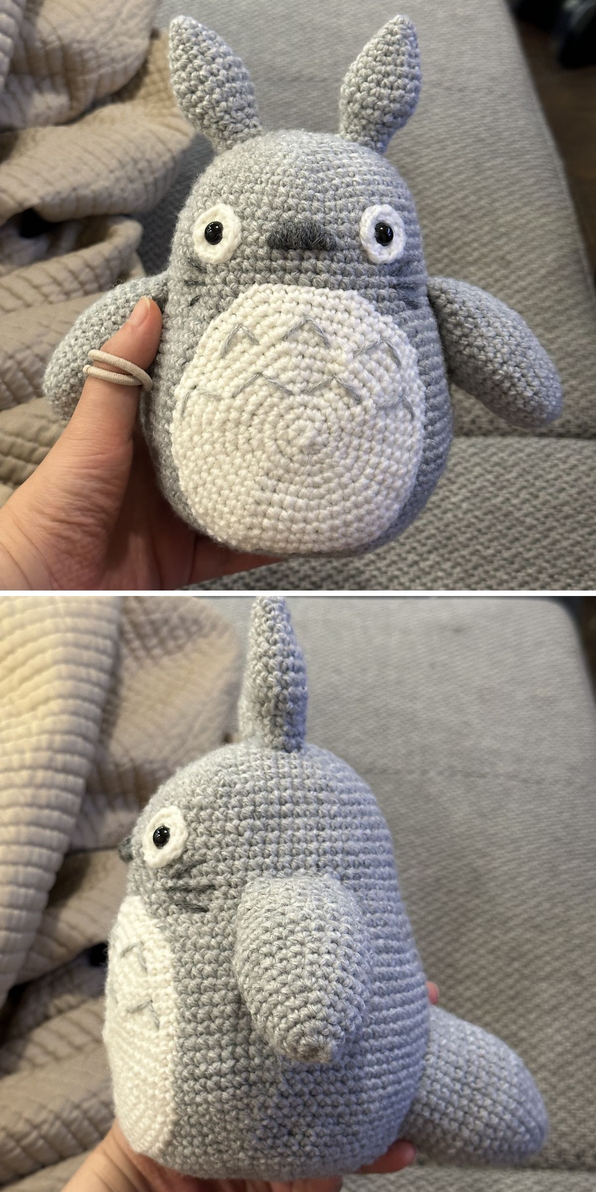 a grey crochet Totoro Pokemon toy