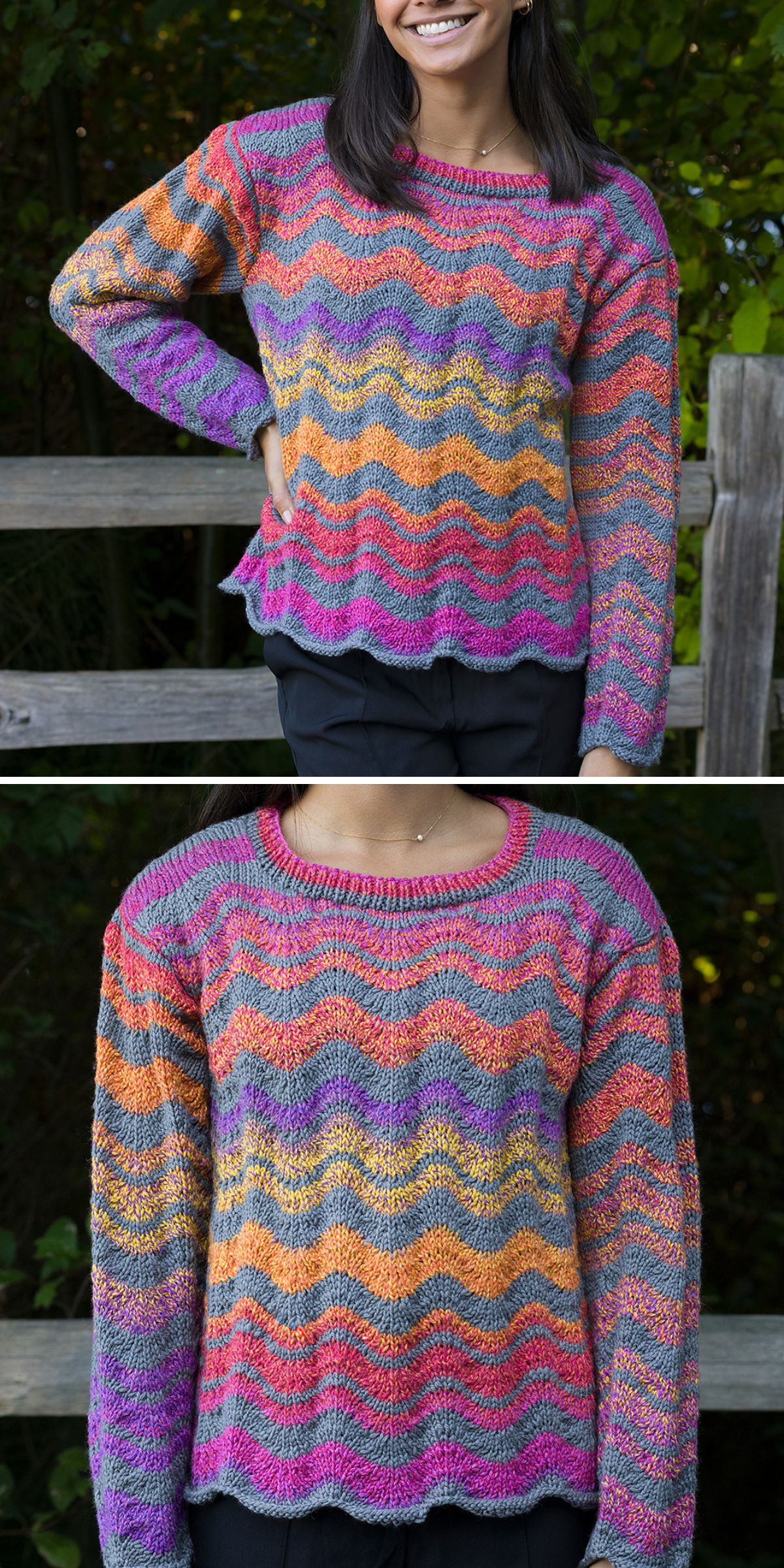 a knitted sweater with a colorful wave pattern