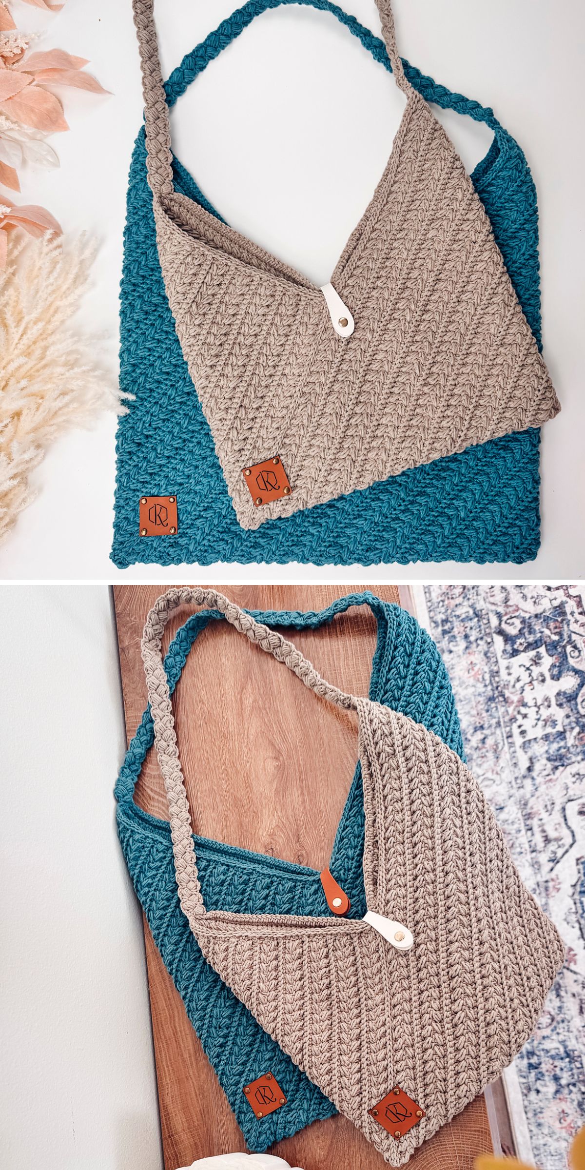 two crochet rectangle bag with unique stitch texture in beige and in blue