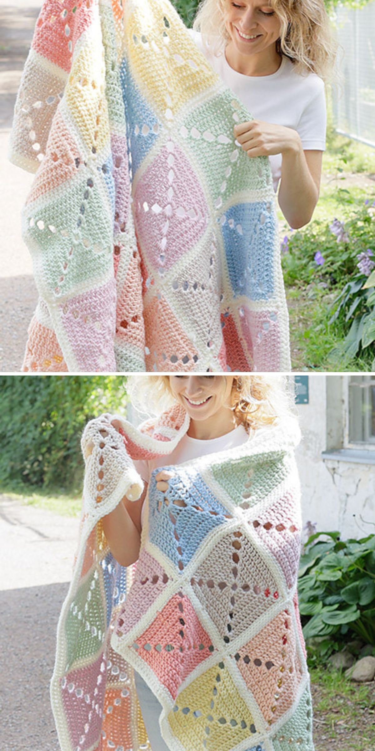a crochet blanket built from lace granny squares in pastel colors
