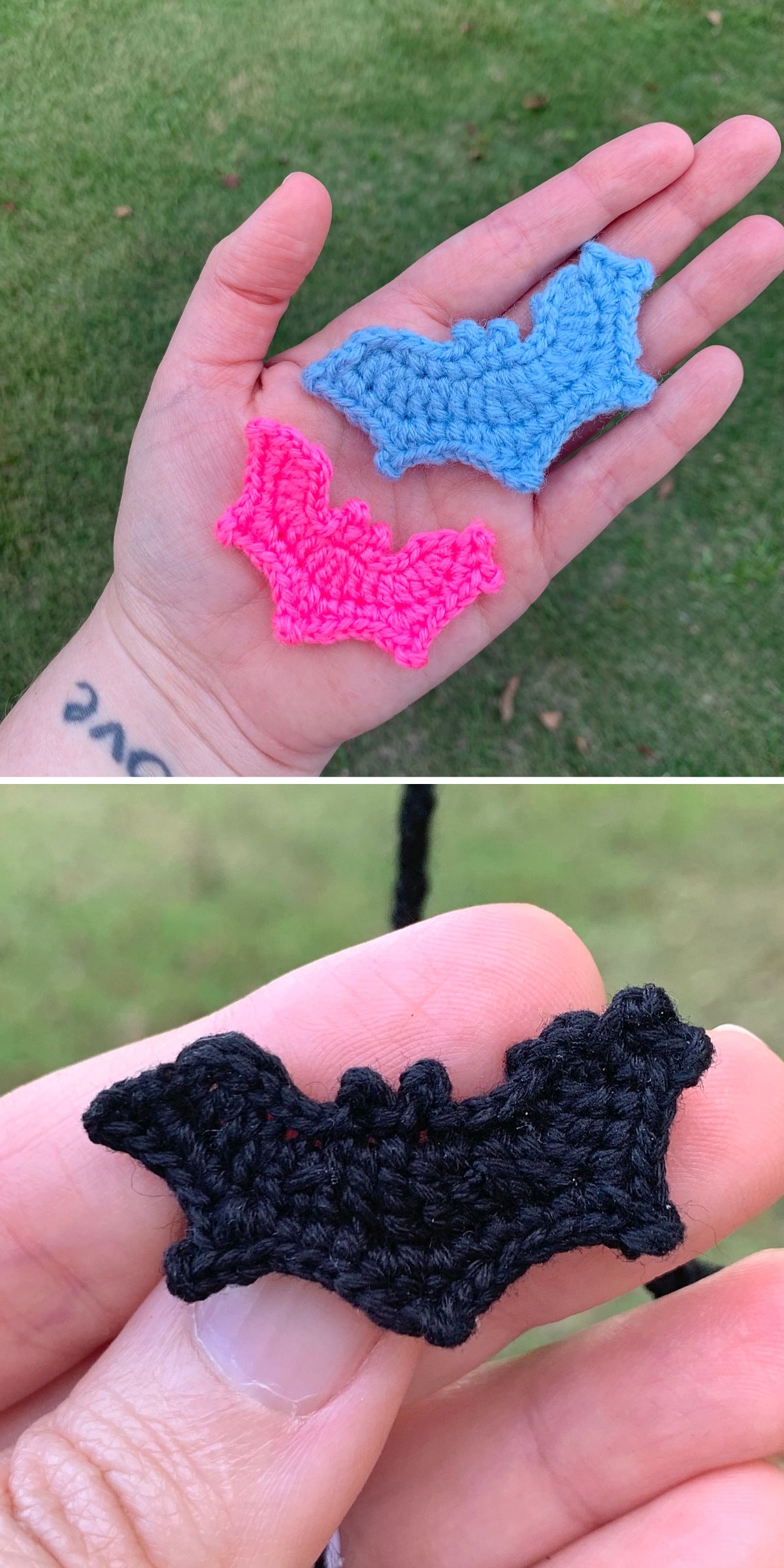 crochet bat appliques in pink, blue and black