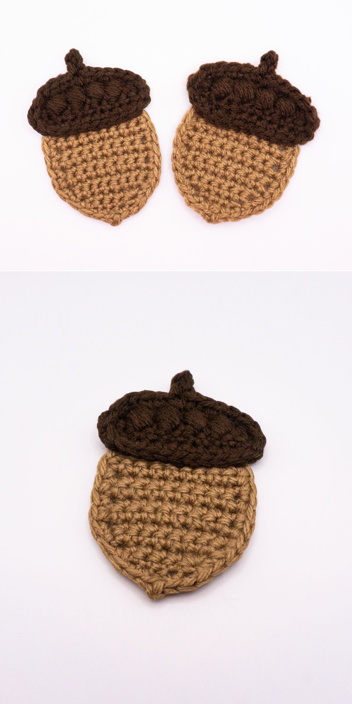two crochet acorn appliques