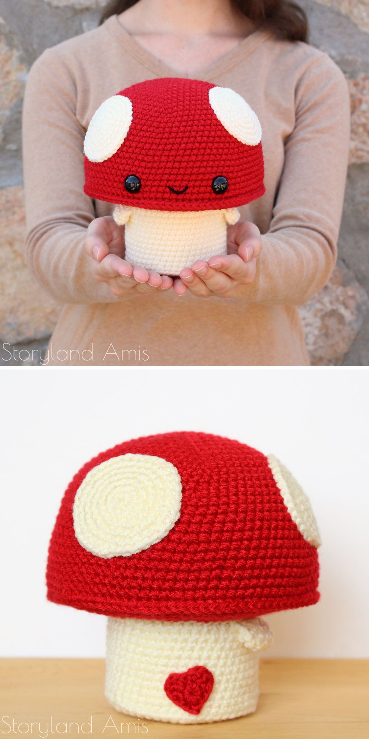 a big crochet mushroom plushie with a face