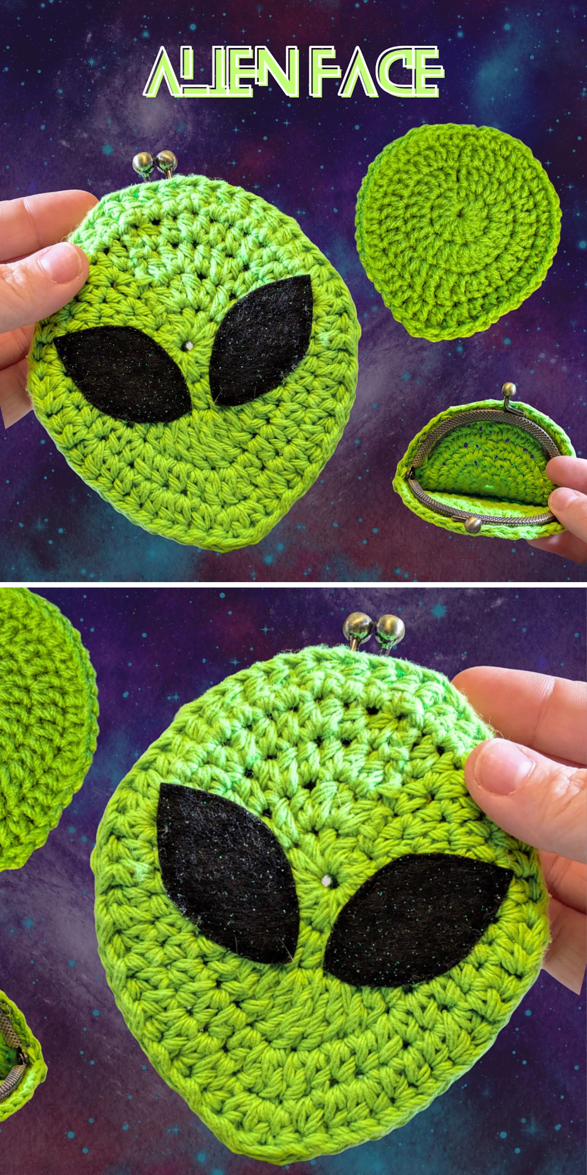 a green crochet coin purse featuring an alien face