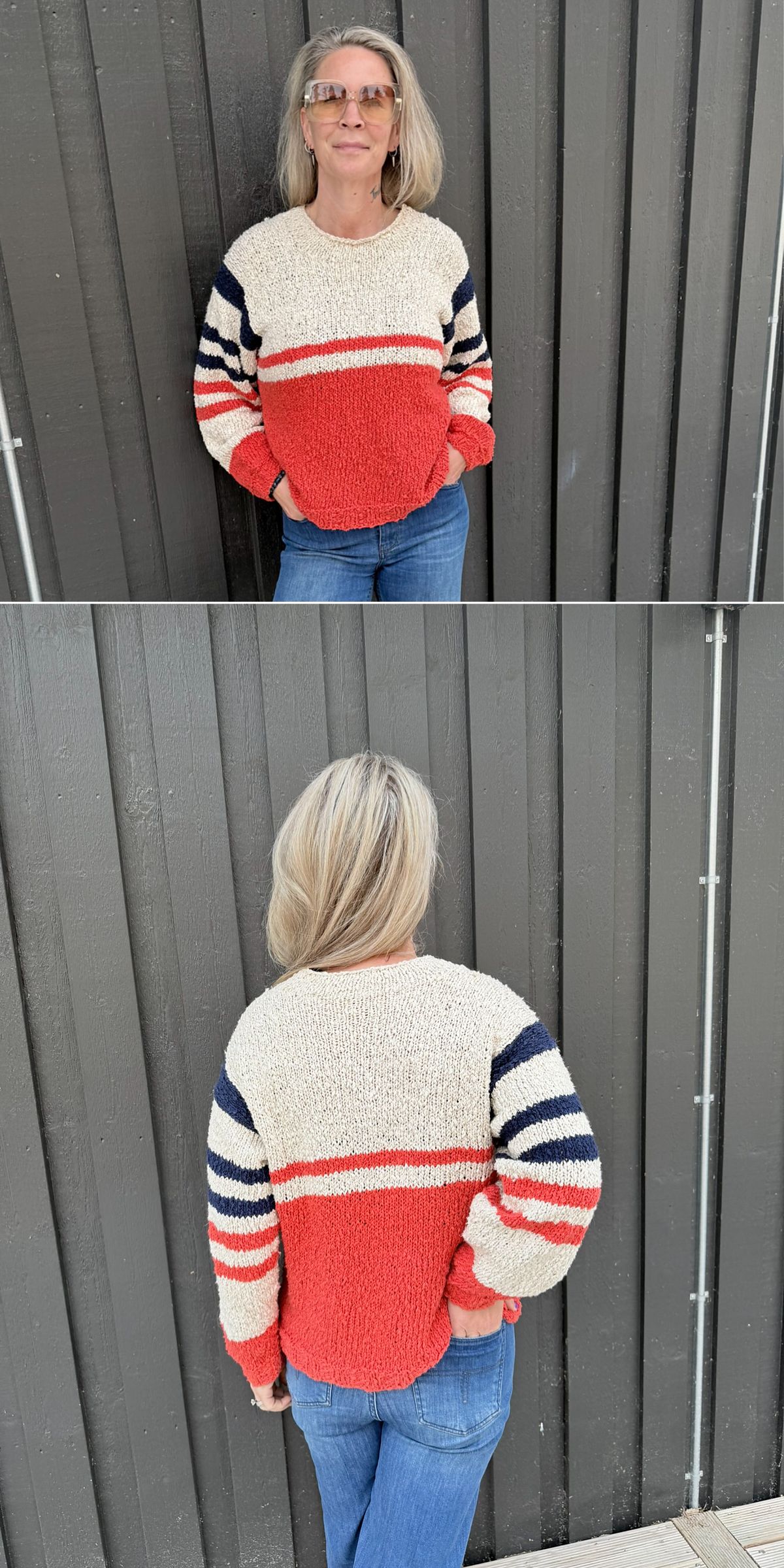 a woman wearing a classic knitted sweater 