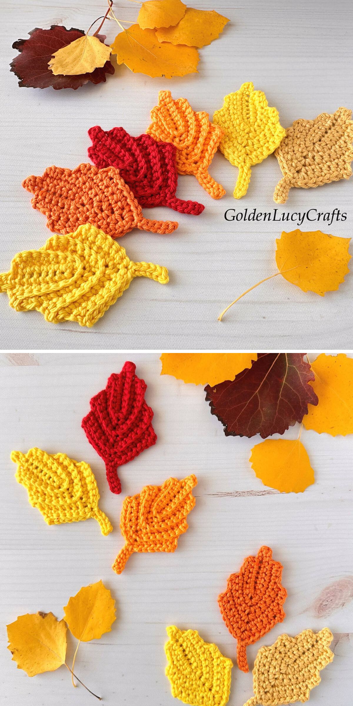 a set of crocheted leaves in fall colors