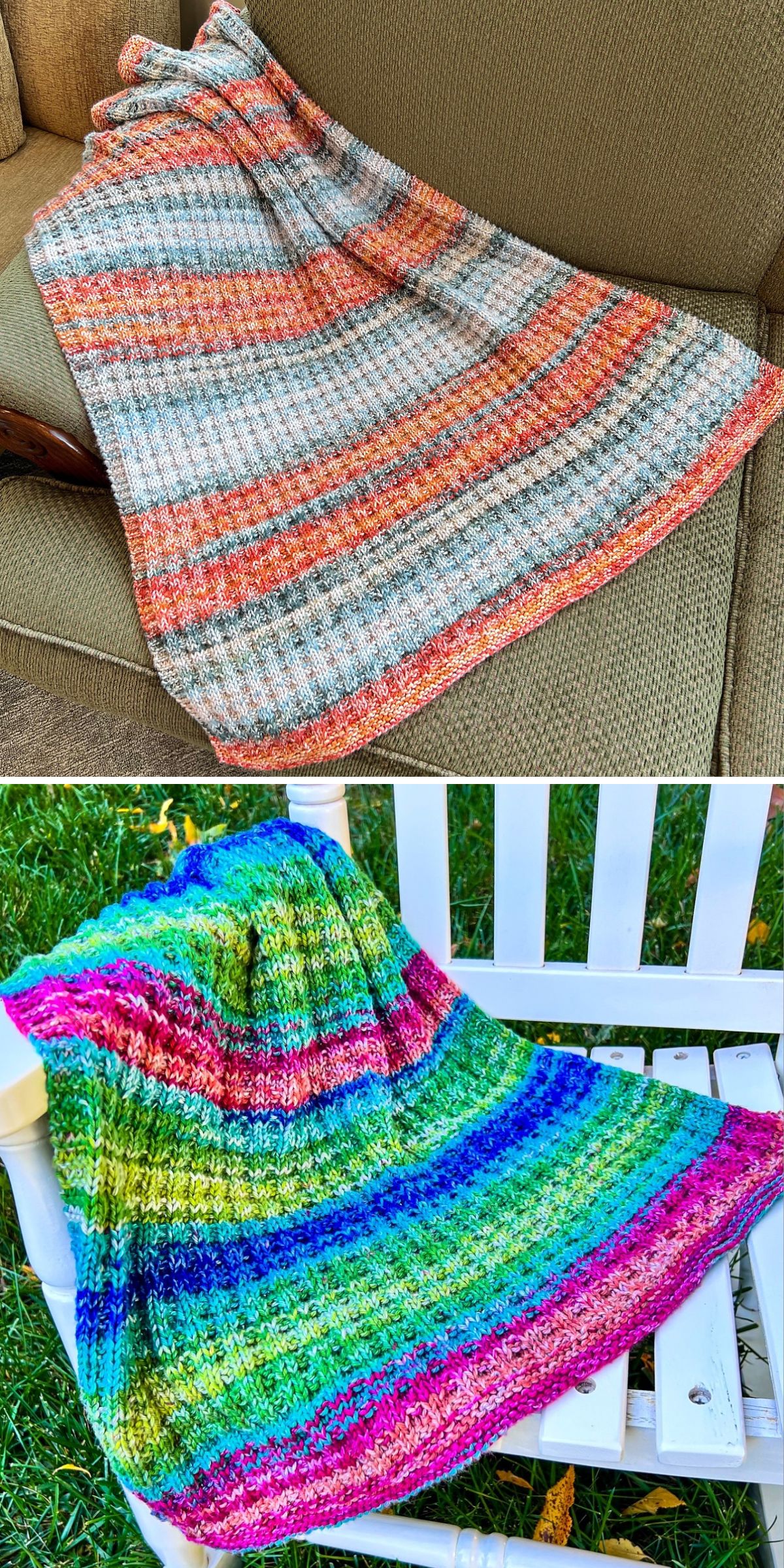 Two knitted blankets are shown: the first in pastel orange and gray tones on a couch, showcasing a classic blanket knitting pattern, and the second in bright, multicolored stripes on a white outdoor chair.