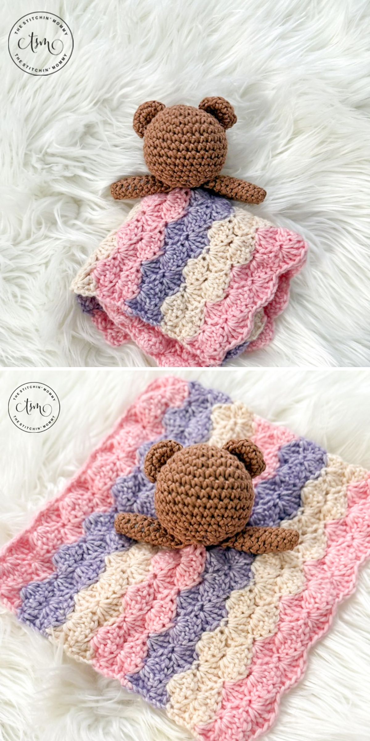 a crochet lovey toy with a bear's head