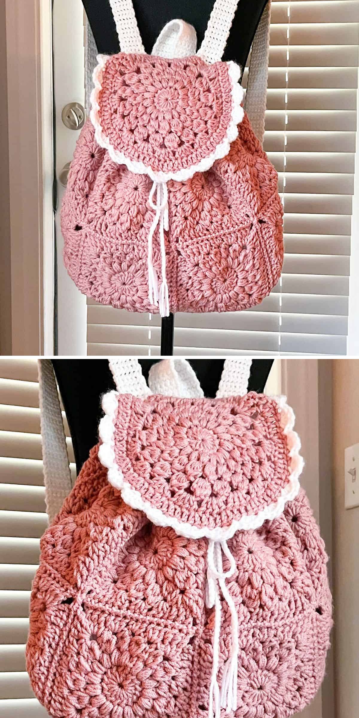 a pink crochet backpack made of textured sunflower granny squares