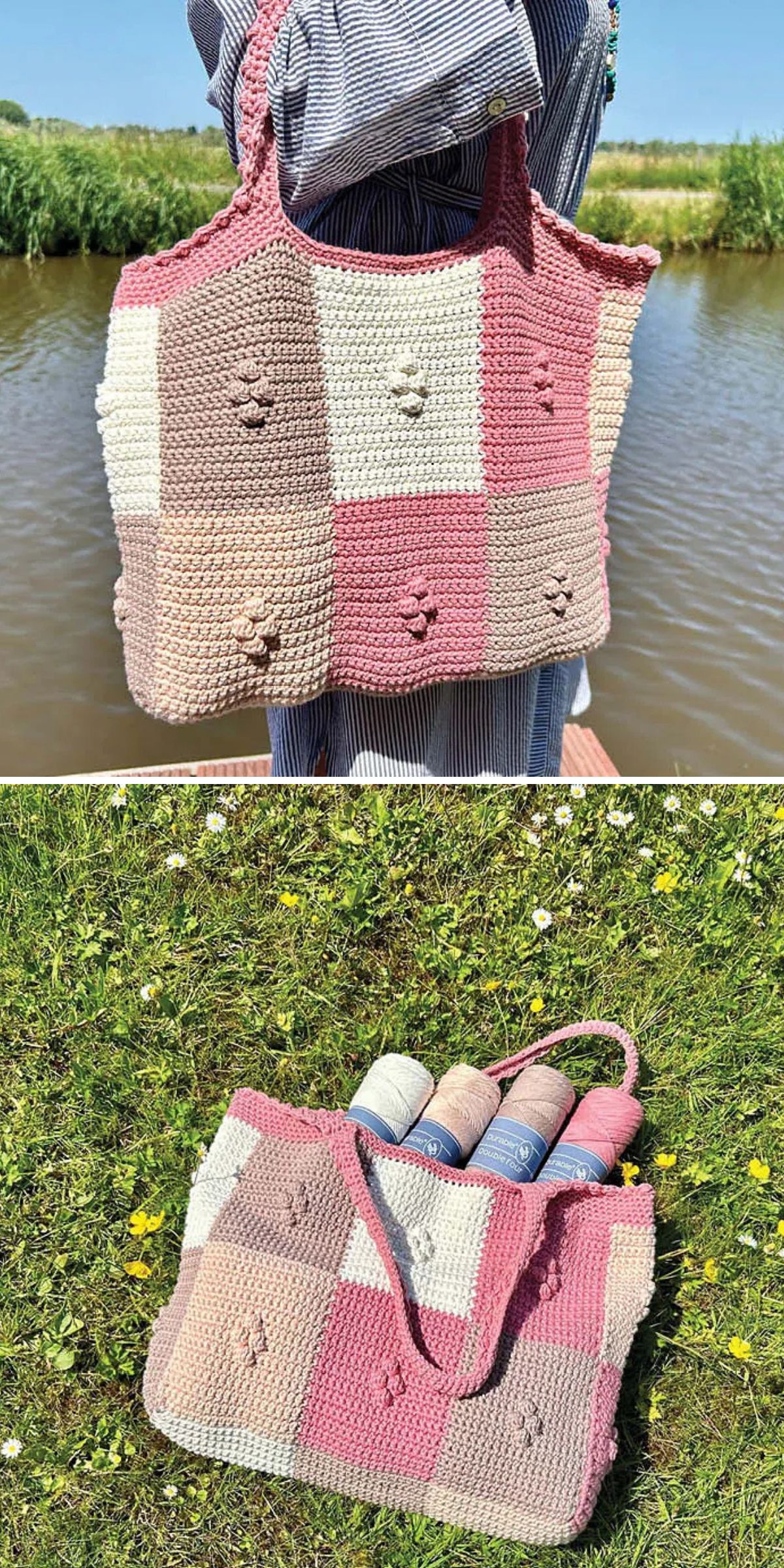 a large crochet bag built from granny squares with bobble-stitch centers