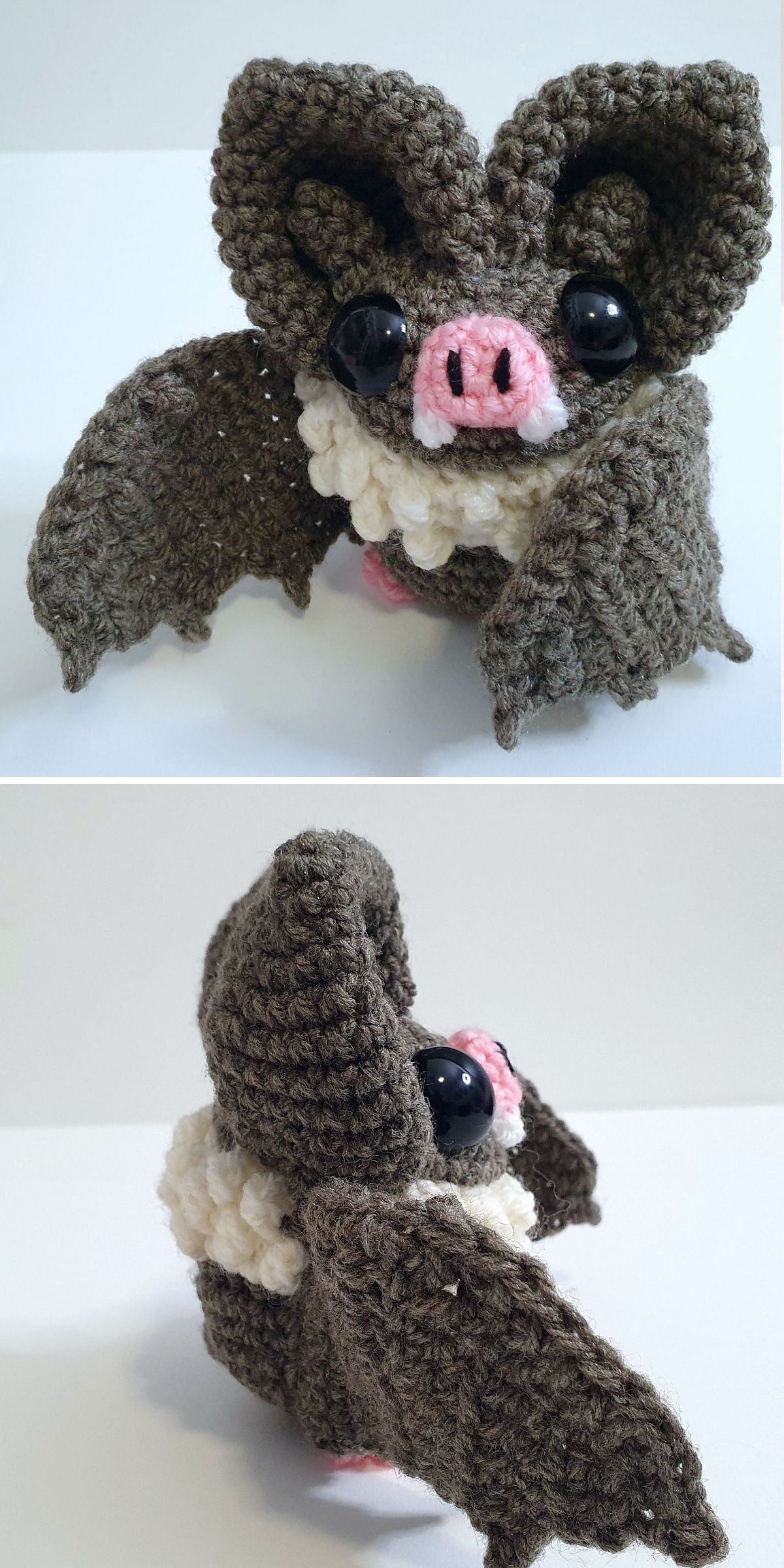 a crochet bat amigurumi featuring a detailed design