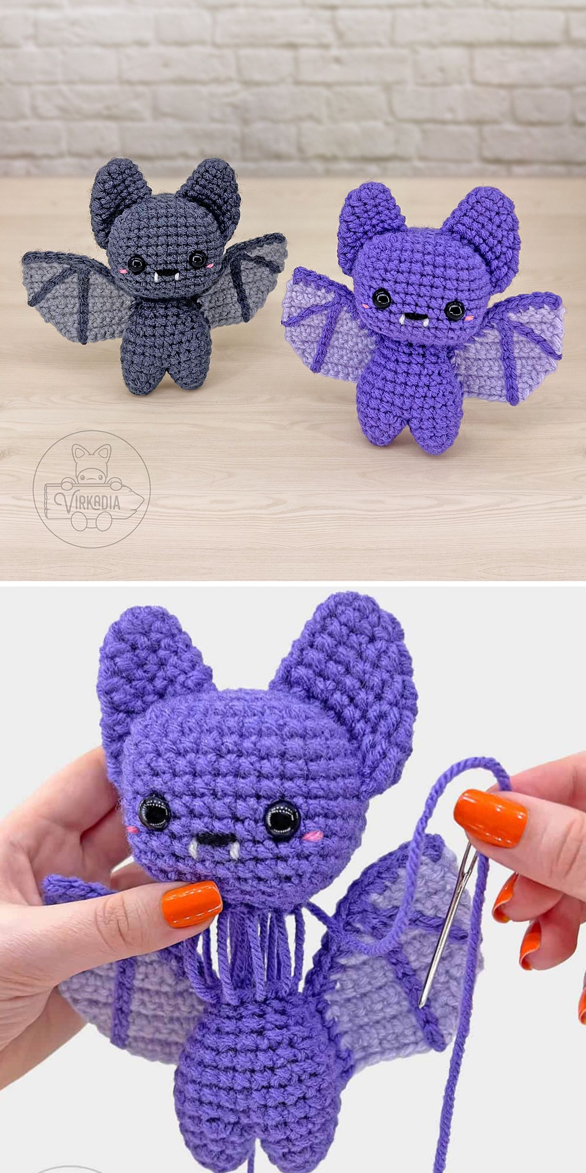 two crochet bat amigurumi in vibrant colors