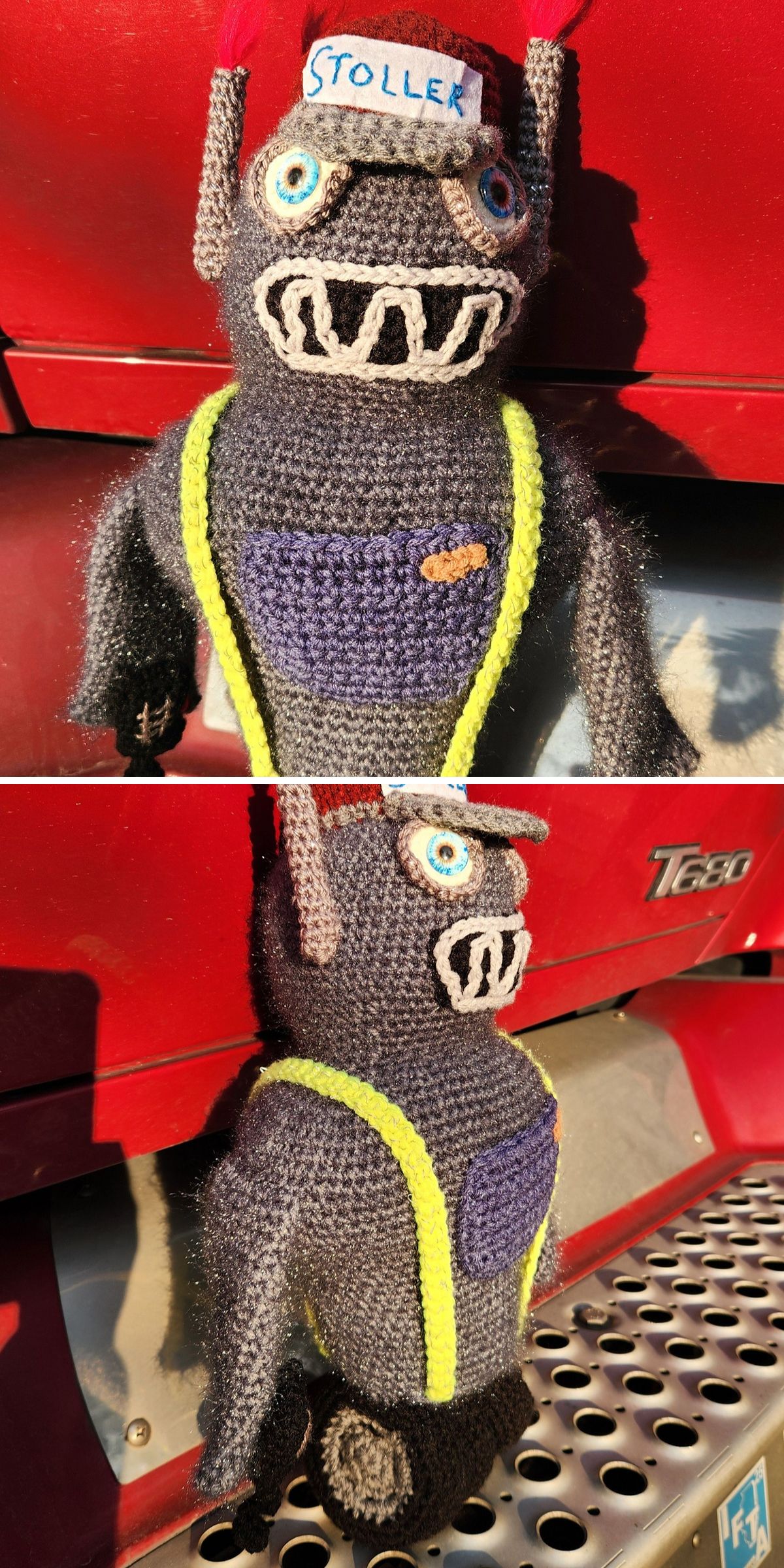 a large crocheted monster plushie with a fun design