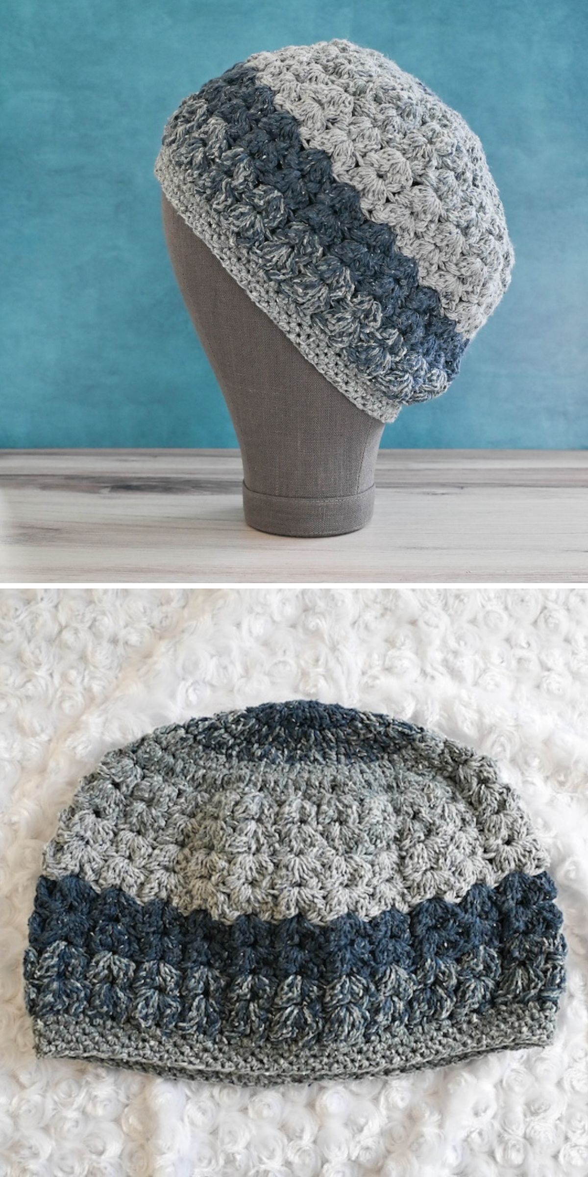 a crochet beret on mannequin