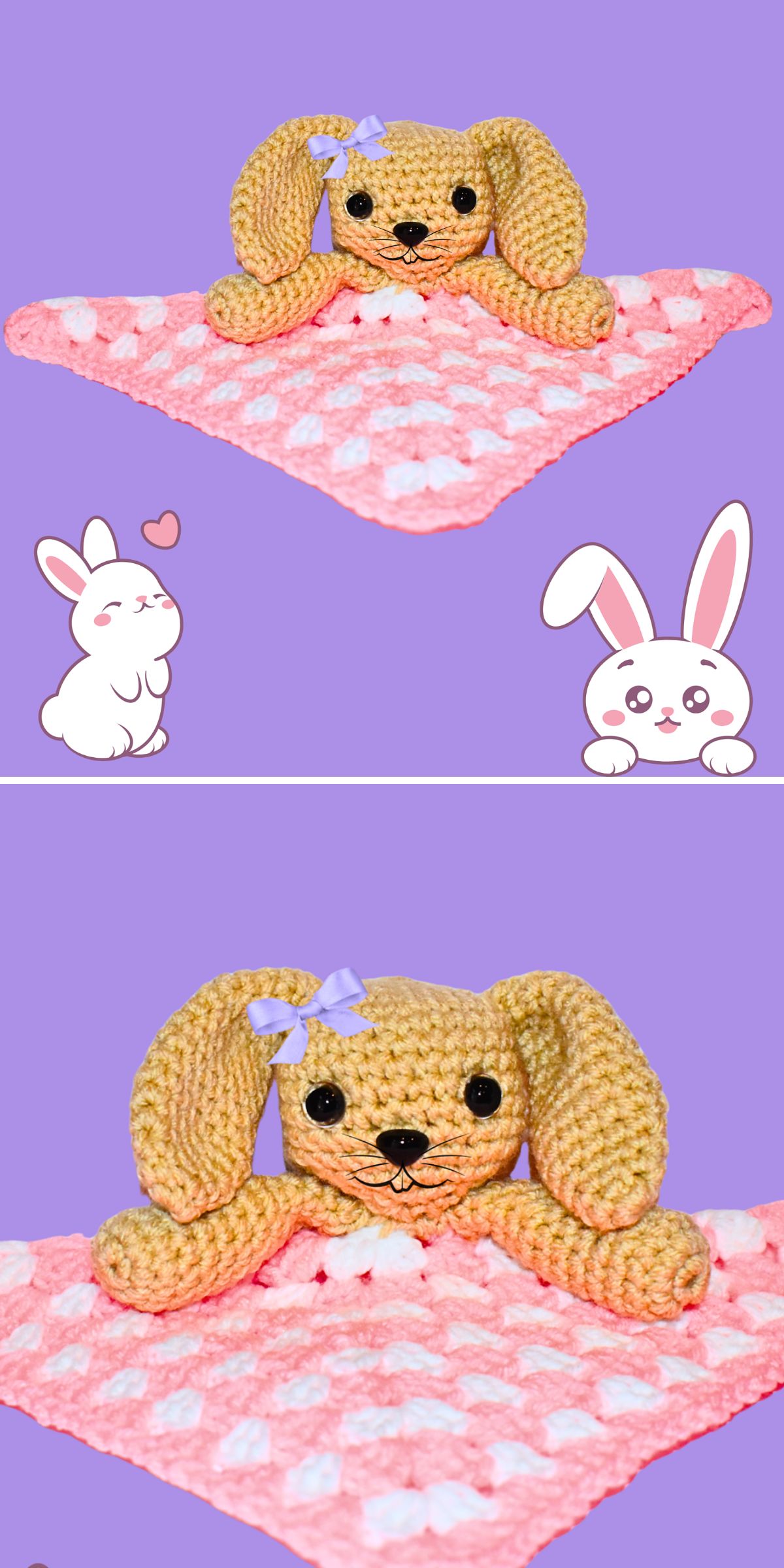 a crochet baby lovey featuring a bunny with long floppy arms and ears