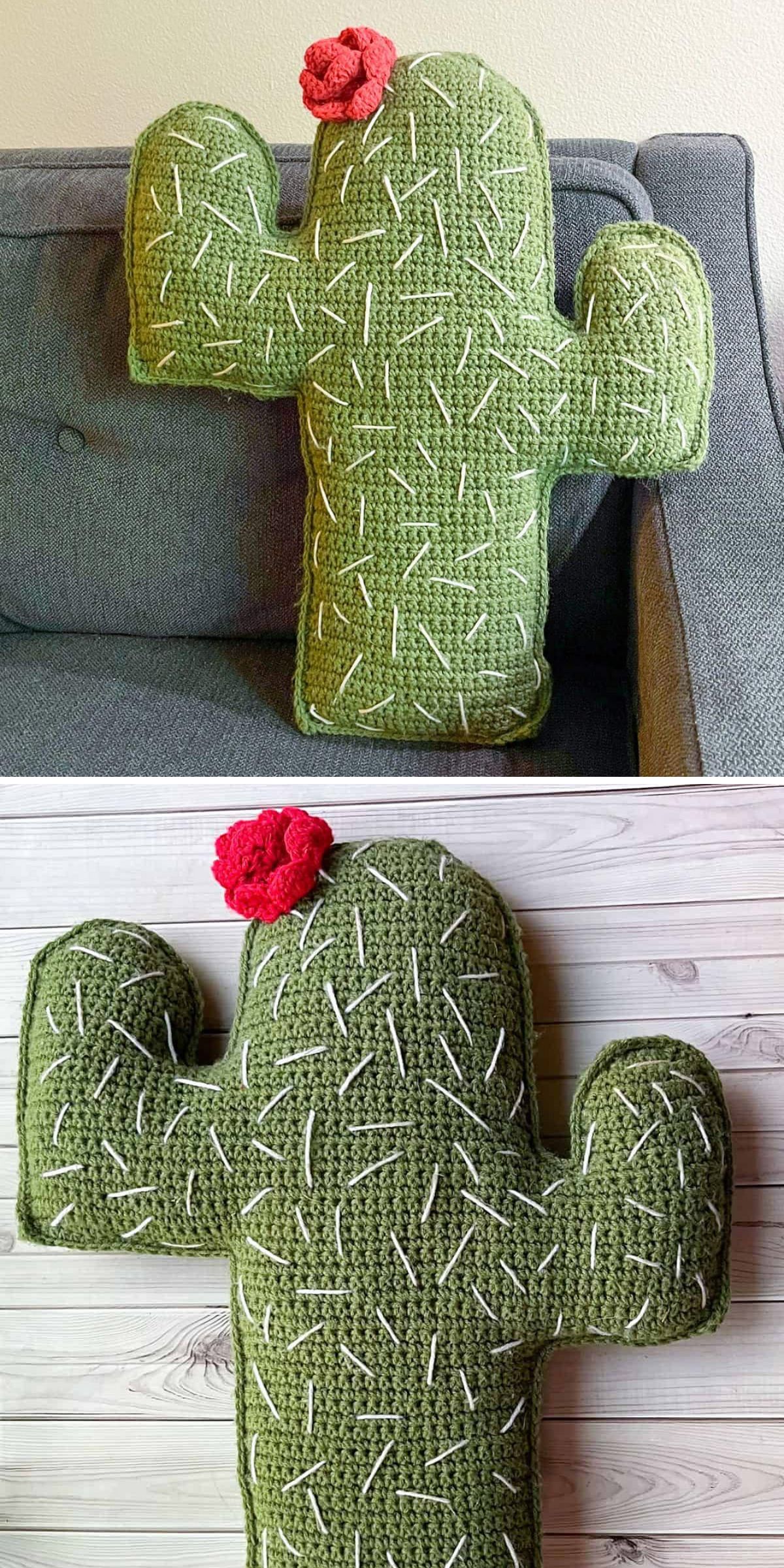 A crochet pillow shaped like a cactus, featuring white stitch details and a red flower on top, is displayed on a gray sofa and a light wood surface.