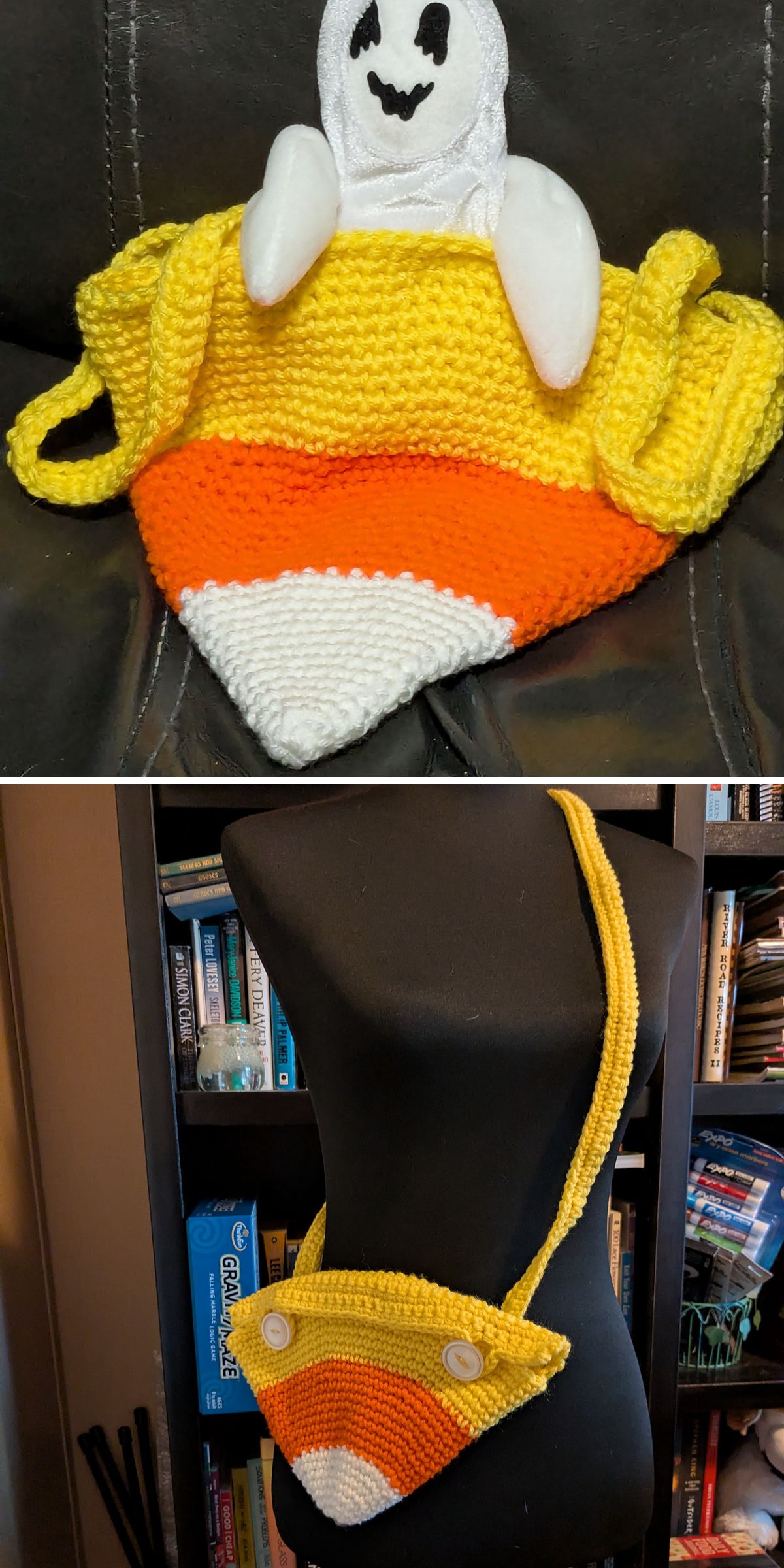 a crochet candy corn bag