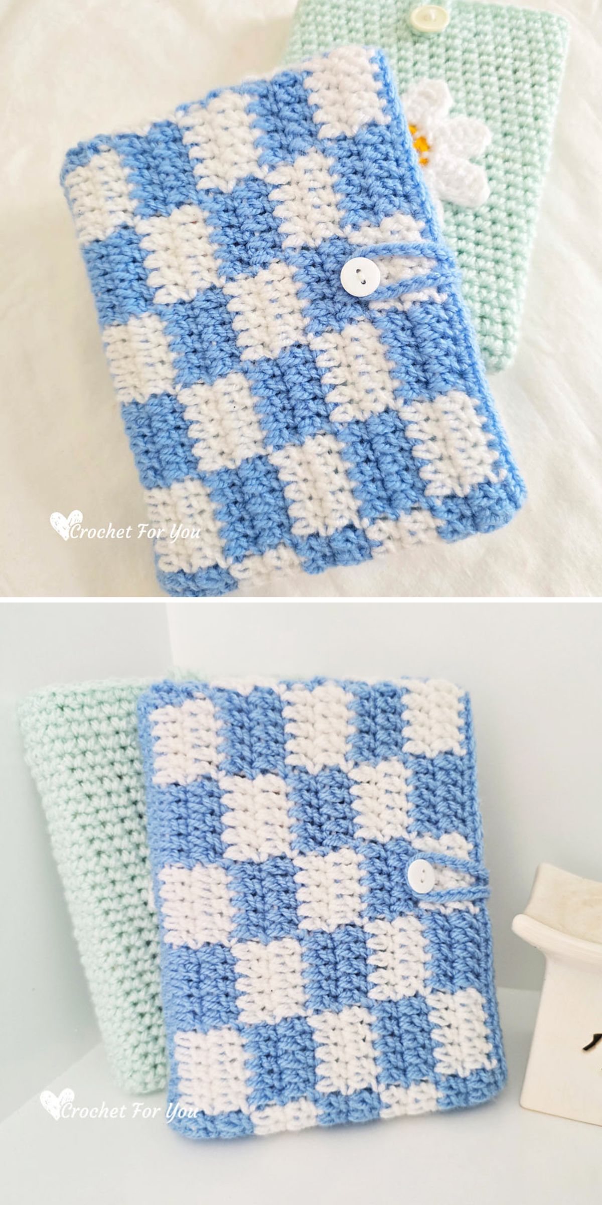 two crocheted book covers, one featuringa two-tone chequered pattern and one featuring a big flower motif in a sold color