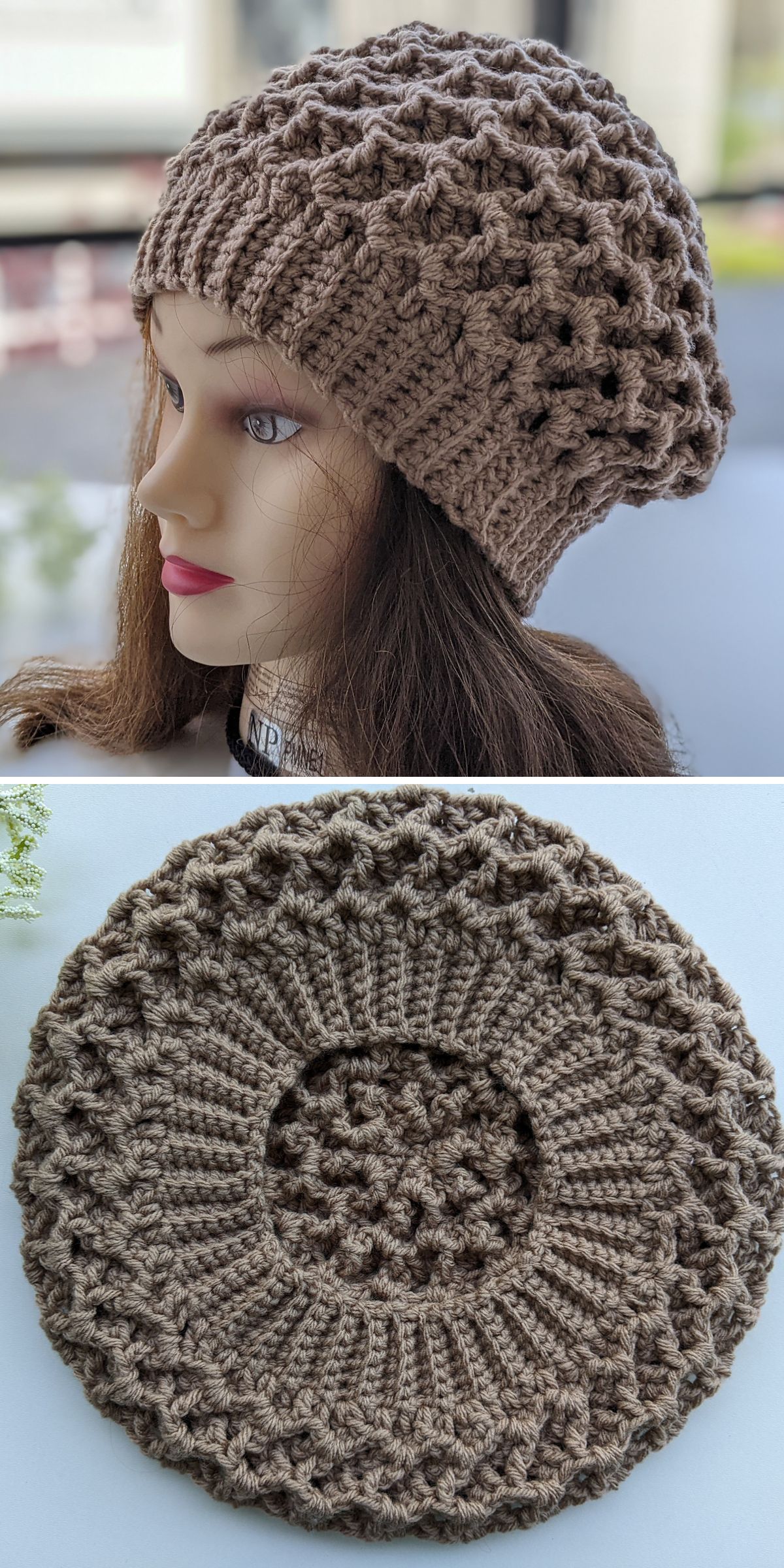 a brown crochet beret