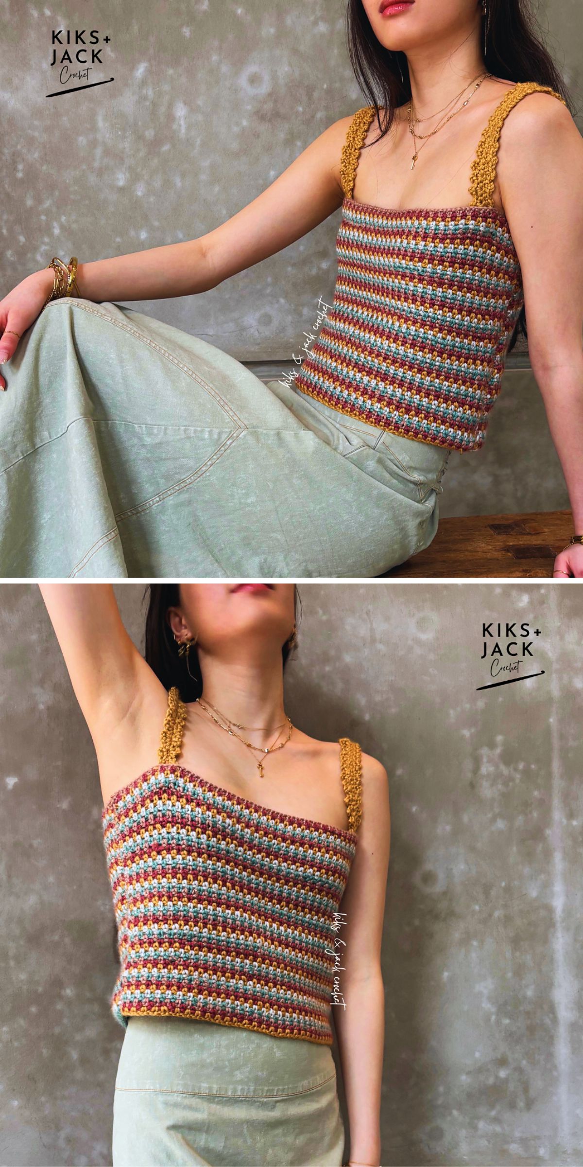 a rectangular crocheted top featuring a multicolored striped design