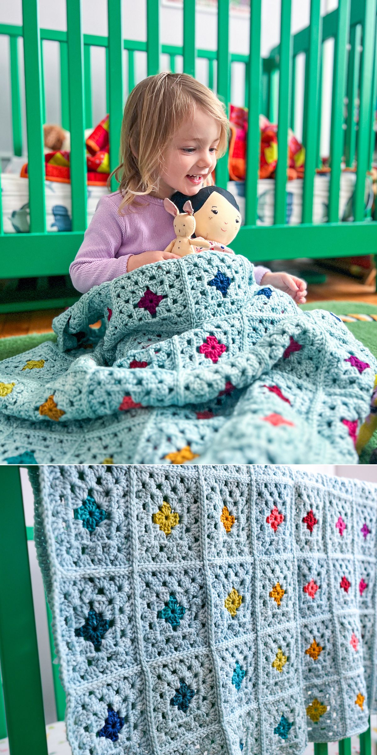 a crochet blanket made from granny squares with differently colored centers