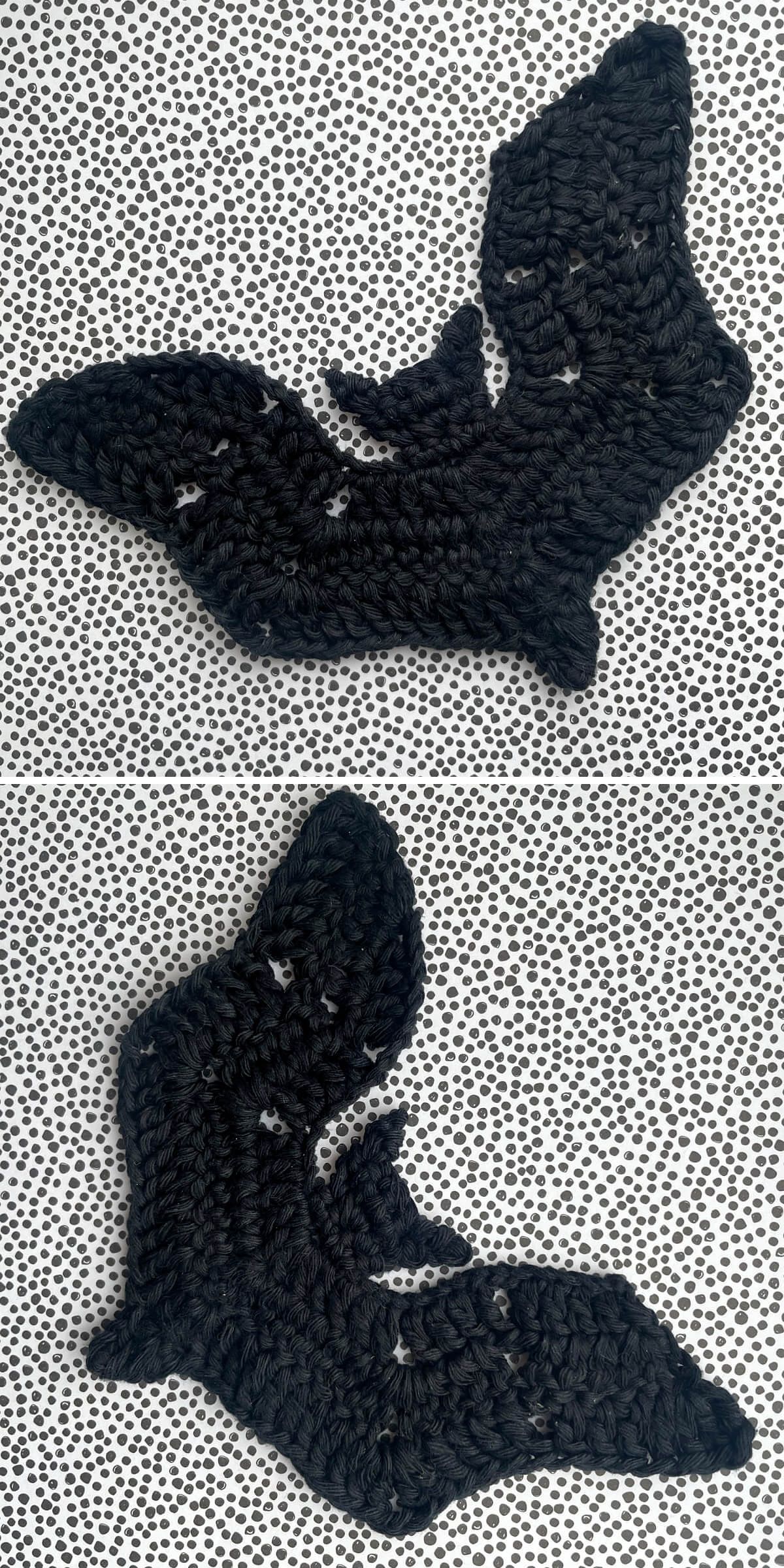 a black crochet bat applique